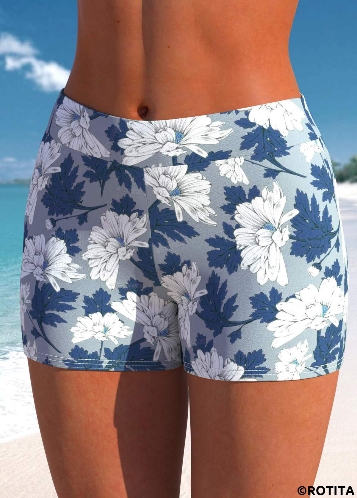 Dusty Blue swimwear,Floral swimwear,ROTITA Dusty Blue Floral Print Mid Waisted Swim Shorts