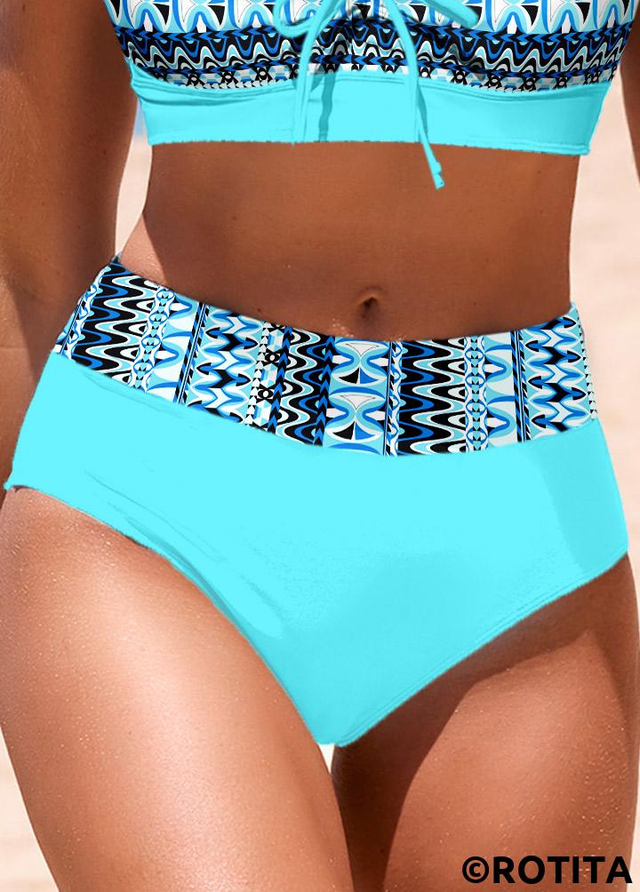 ROTITA Cyan Geometric Print Mid Waisted Bikini Bottom