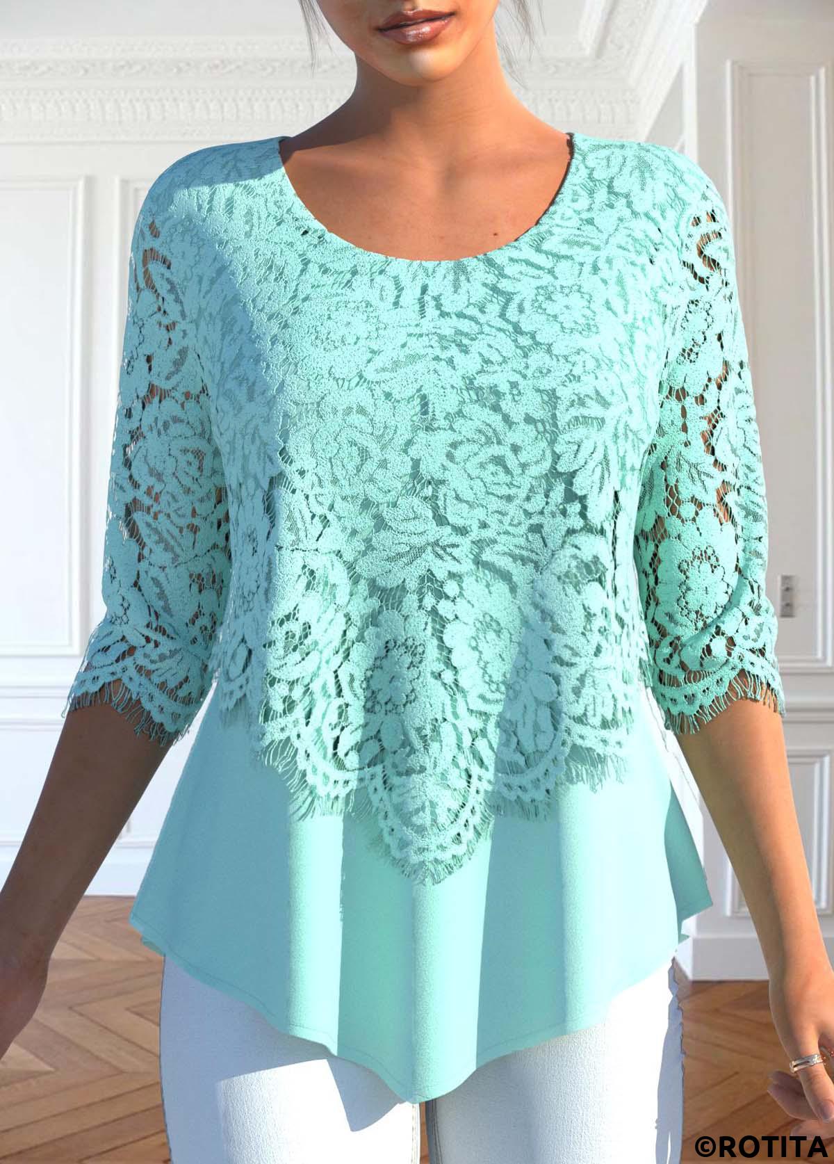 Mint Green tops,Plain Color tops,ROTITA Lace Mint Green Round Neck 3/4 Sleeve Blouse