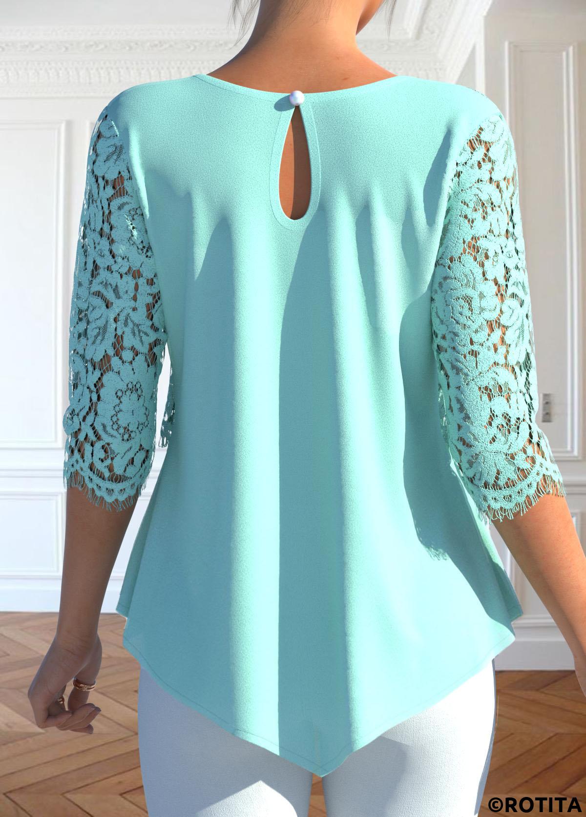 Mint Green tops,Plain Color tops,ROTITA Lace Mint Green Round Neck 3/4 Sleeve Blouse