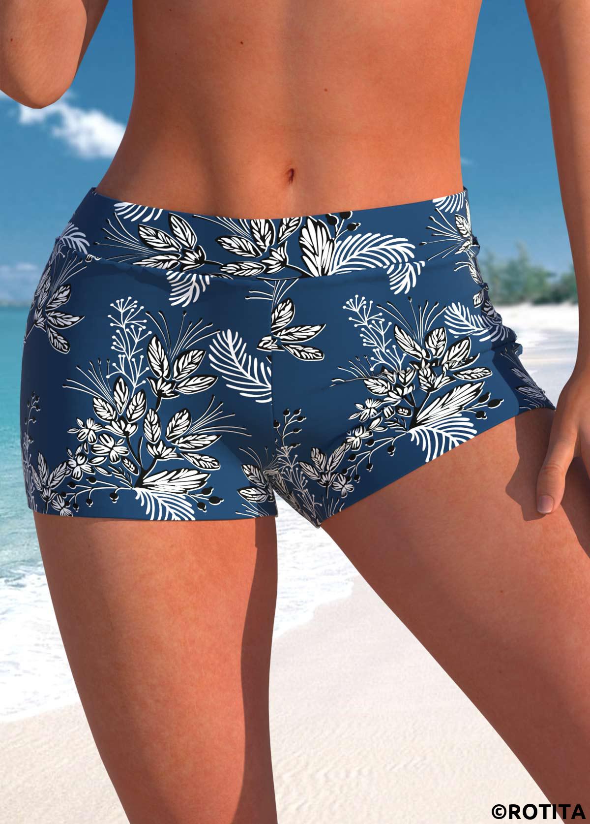 Peacock Blue swimwear,Plants swimwear,ROTITA Peacock Blue Leaf Print Mid Waisted Swim Shorts
