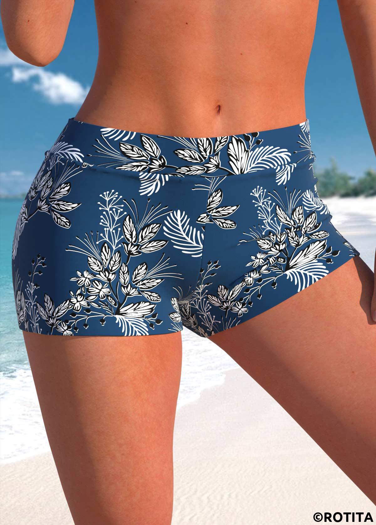 Peacock Blue swimwear,Plants swimwear,ROTITA Peacock Blue Leaf Print Mid Waisted Swim Shorts