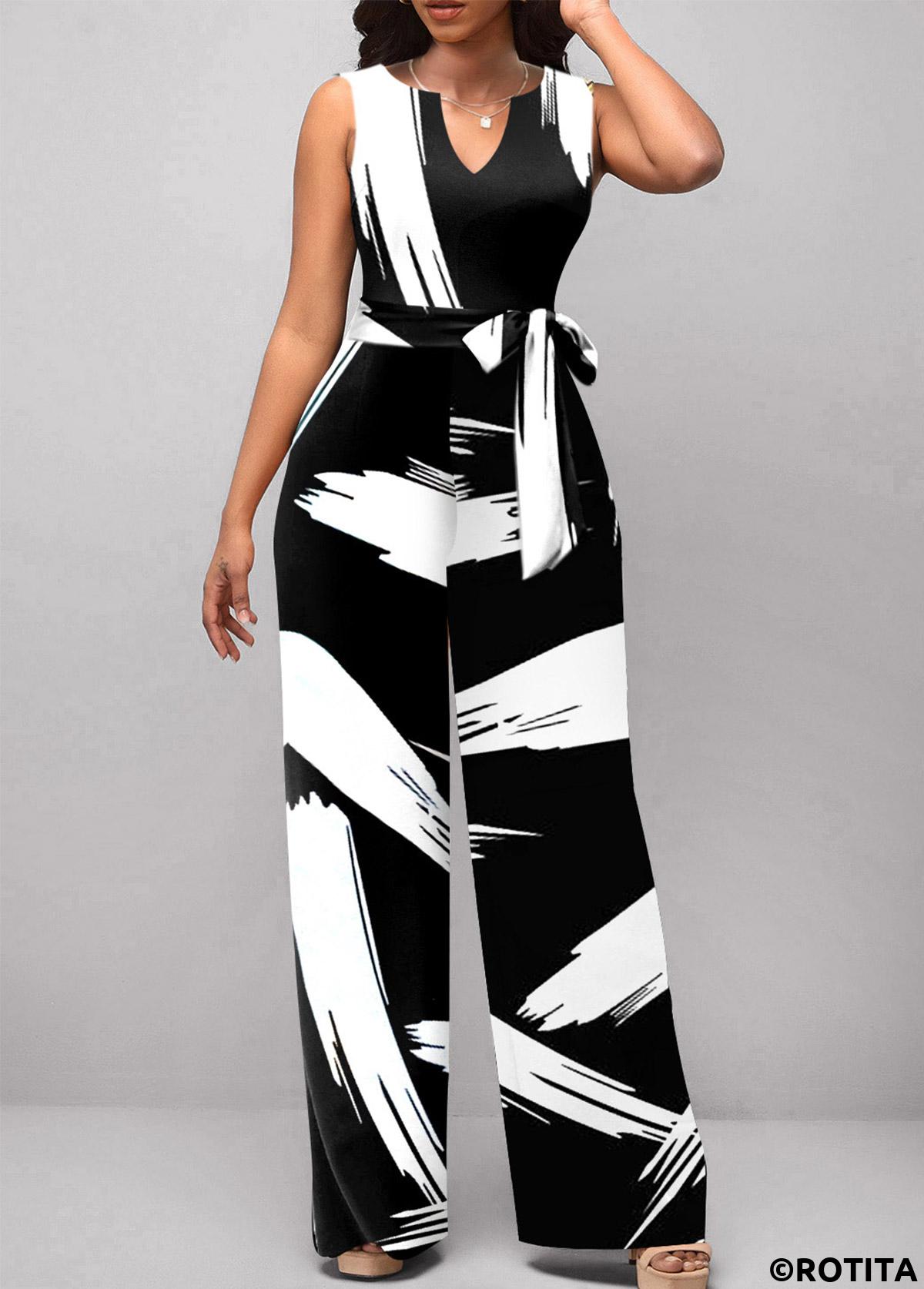 White jumpsuits&rompers,Black jumpsuits&rompers,Graphic jumpsuits&rompers,ROTITA Graffiti Print White Belted Split Neck Jumpsuit