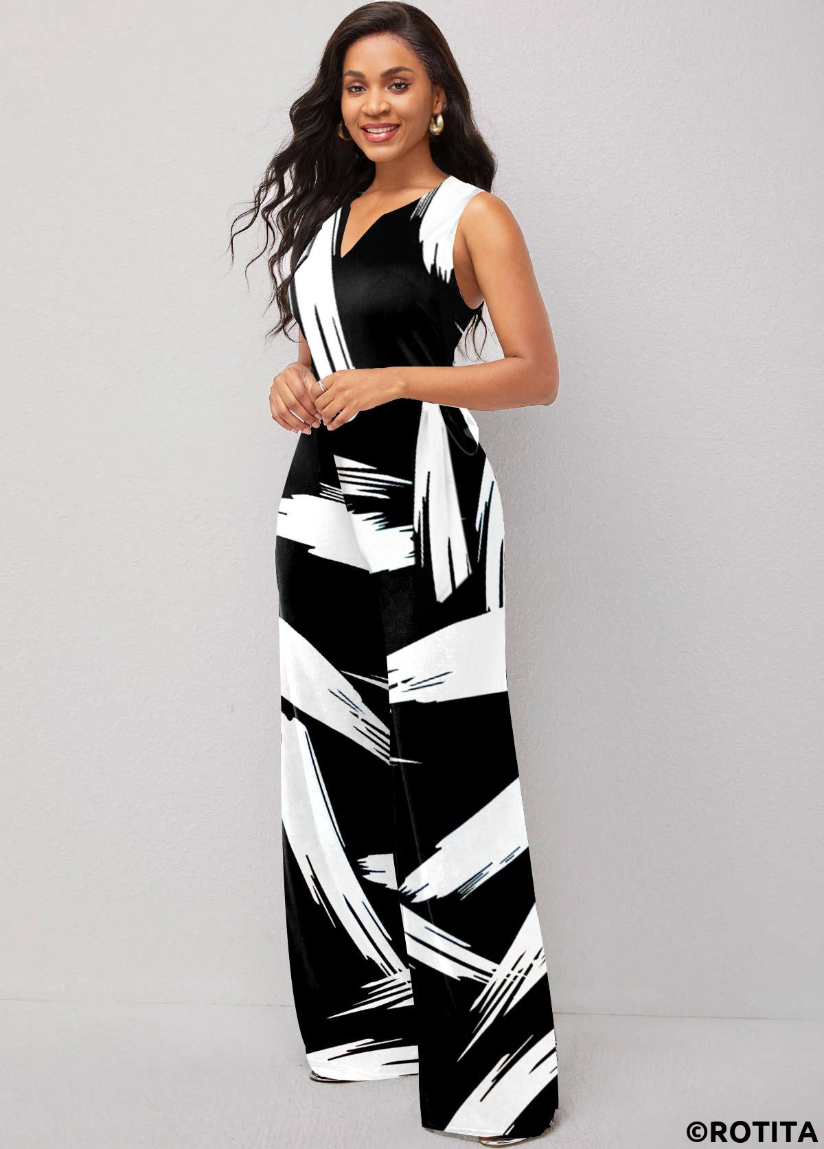 White jumpsuits&rompers,Black jumpsuits&rompers,Graphic jumpsuits&rompers,ROTITA Graffiti Print White Belted Split Neck Jumpsuit