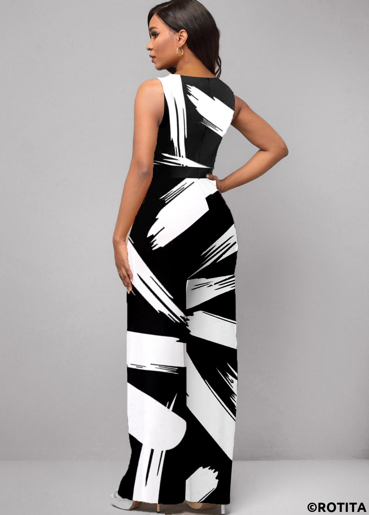 White jumpsuits&rompers,Black jumpsuits&rompers,Graphic jumpsuits&rompers,ROTITA Graffiti Print White Belted Split Neck Jumpsuit