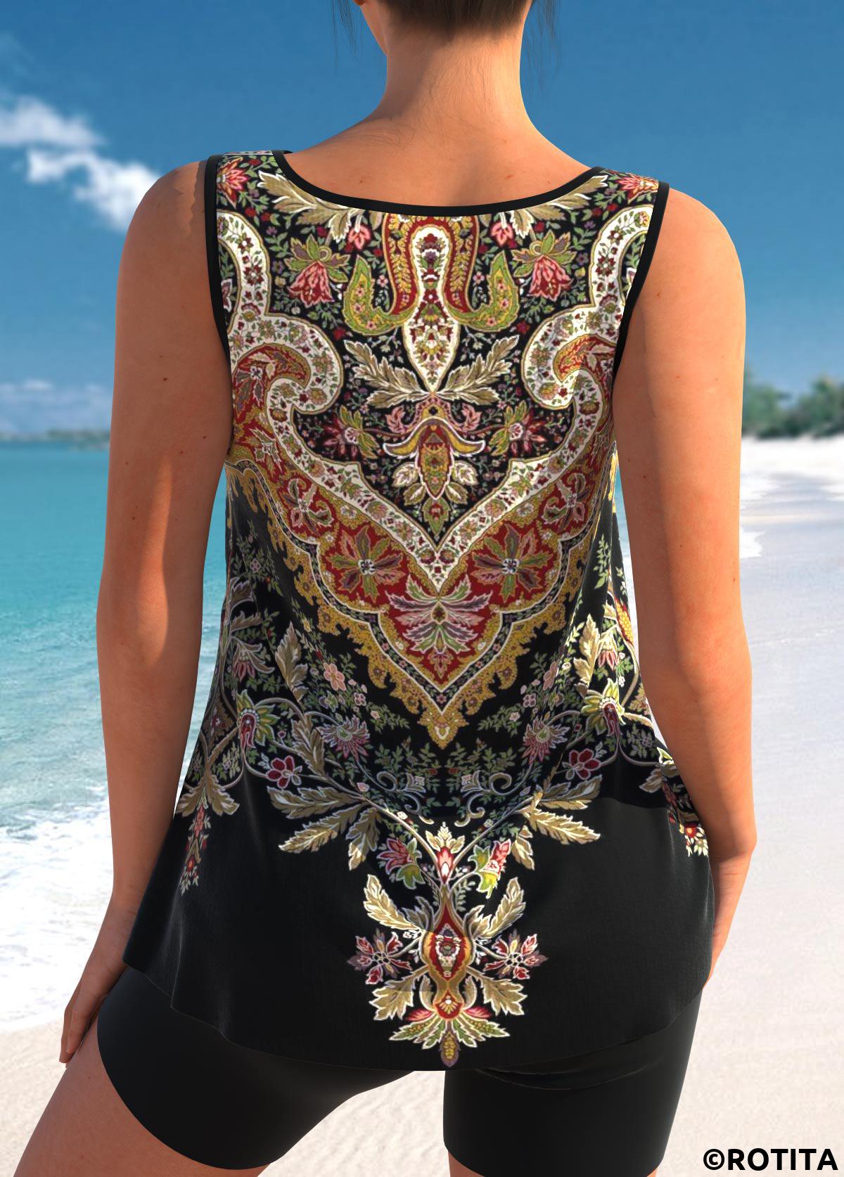Black swimwear,Tribal swimwear,ROTITA Metal Ring Black Tribal Print Tankini Top