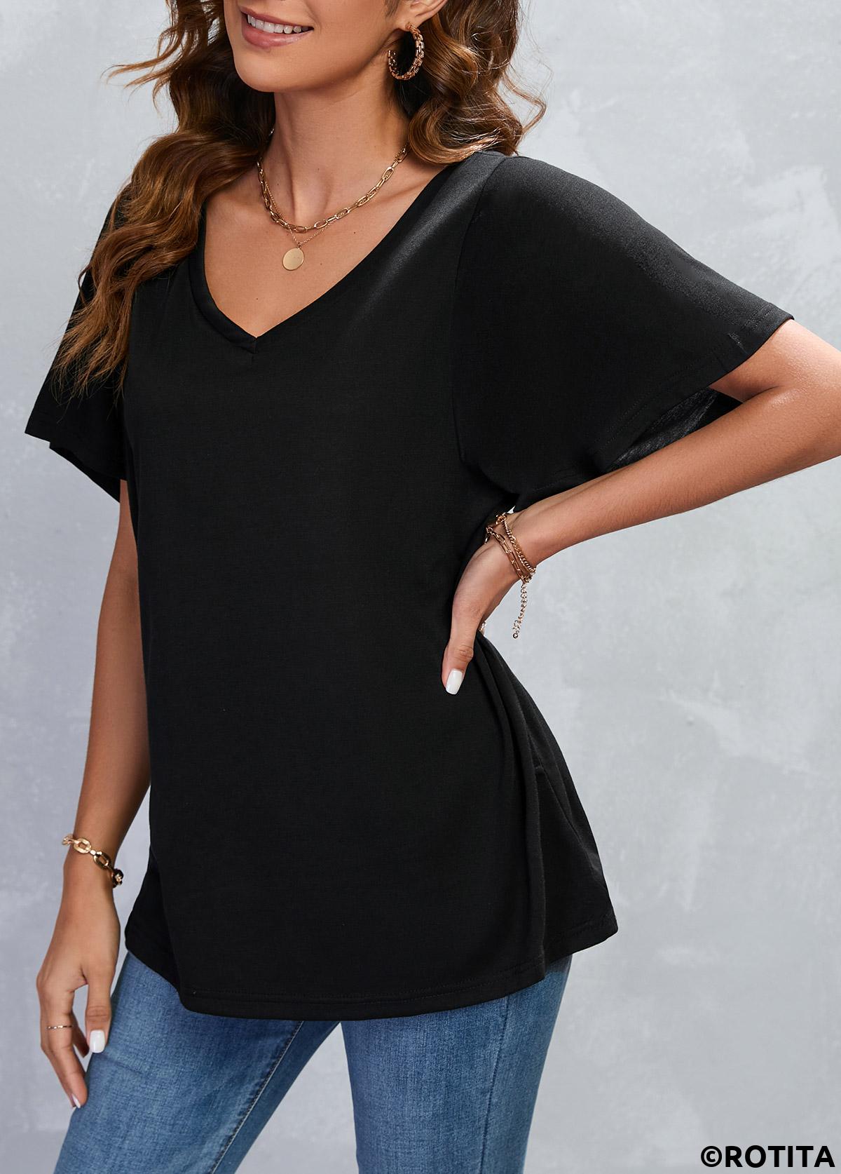 Black V Neck Short Sleeve T Shirt