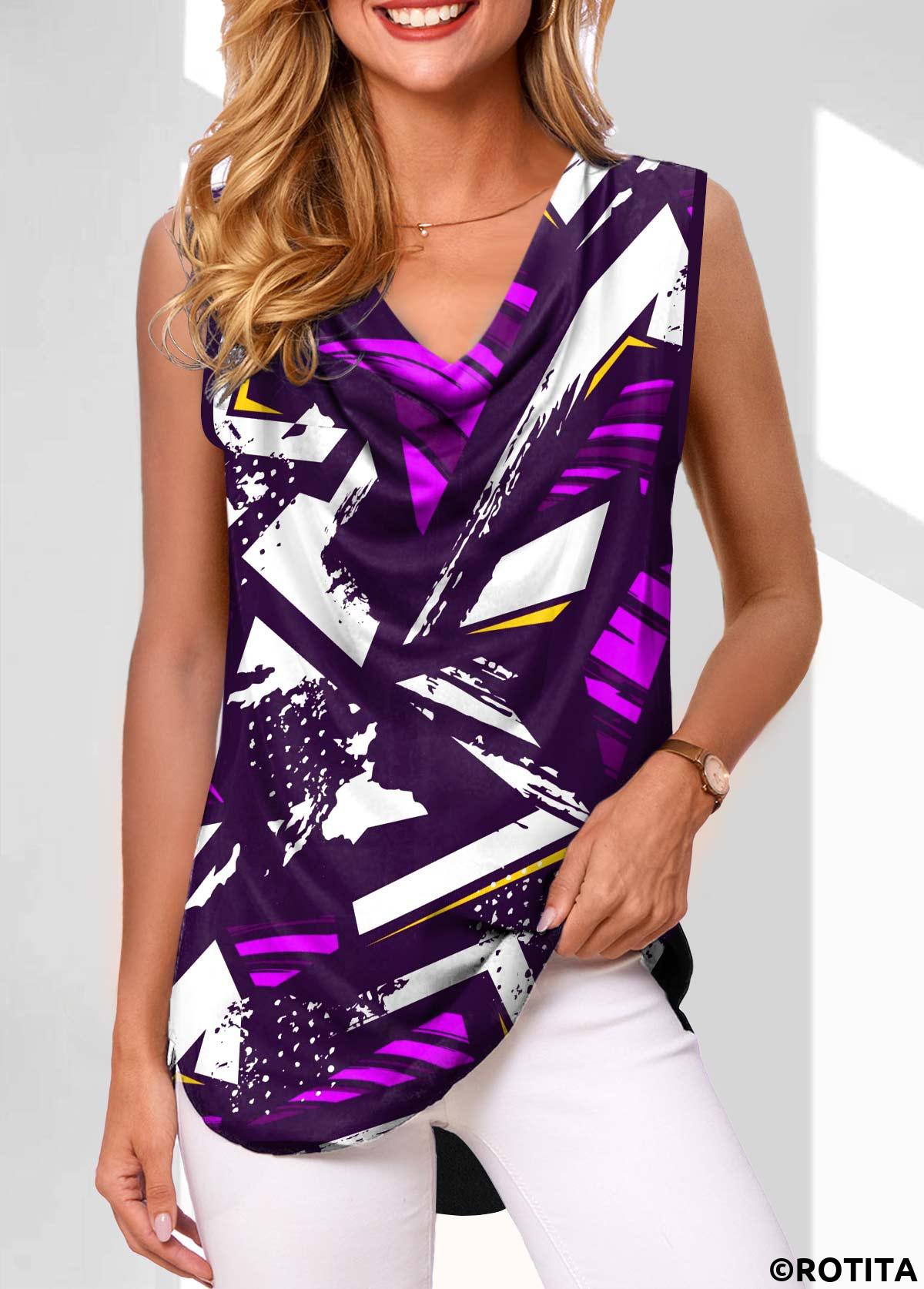 Multi Color tops,Geometric tops,ROTITA Geometric Print Multi Color Draped Neck Tank Top