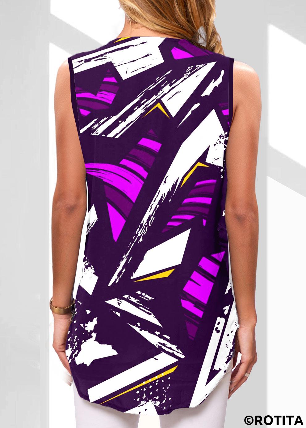 Multi Color tops,Geometric tops,ROTITA Geometric Print Multi Color Draped Neck Tank Top