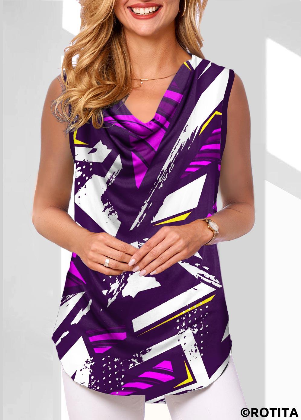Multi Color tops,Geometric tops,ROTITA Geometric Print Multi Color Draped Neck Tank Top