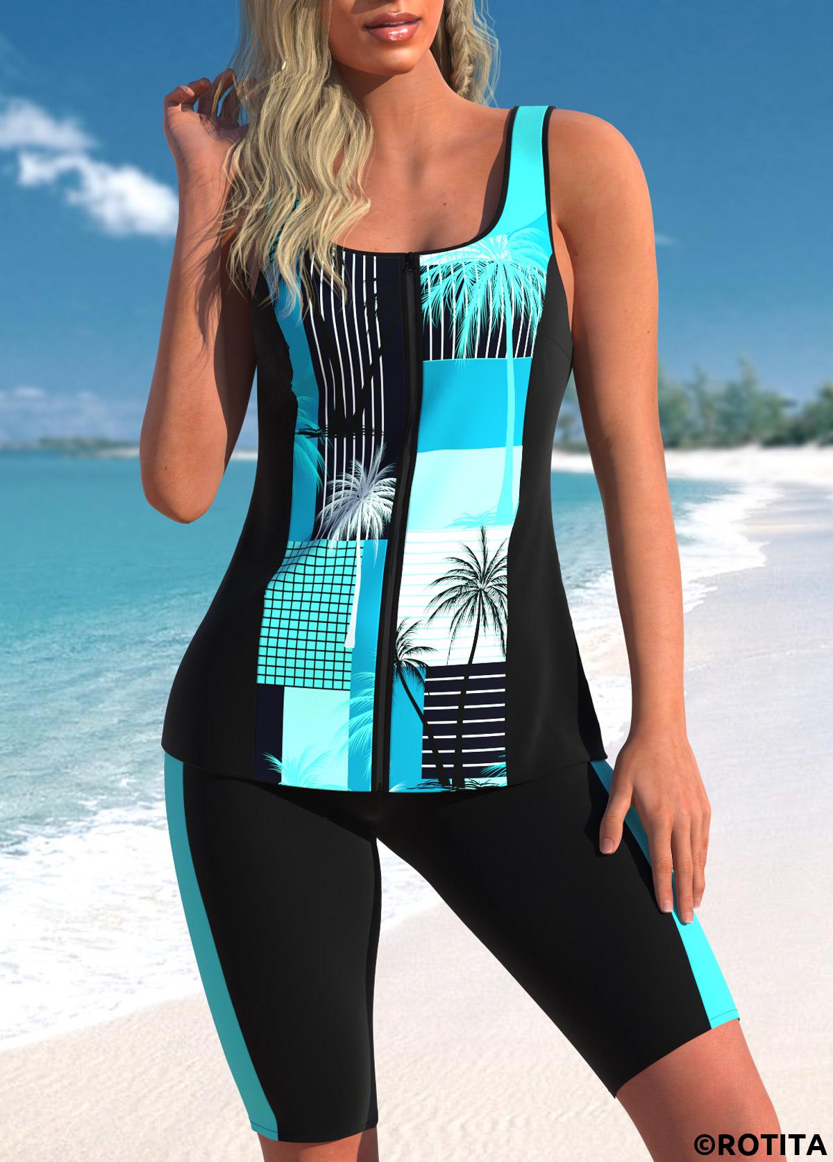 Cyan swimwear,Black swimwear,Plants swimwear,Striped swimwear,ROTITA Zipper Cyan Tropical Plants Print Tankini Top