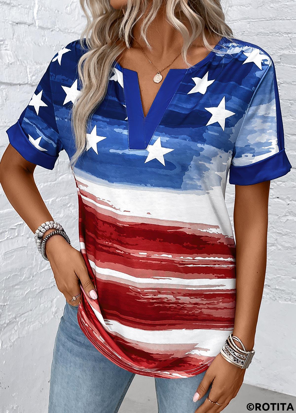 Dark Blue tops,Flag tops,Ombre tops,ROTITA Flag Print Dark Blue Split Neck Blouse