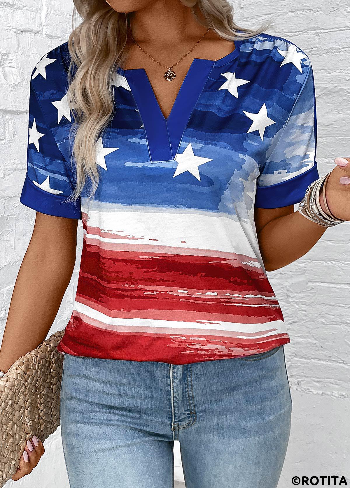 Dark Blue tops,Flag tops,Ombre tops,ROTITA Flag Print Dark Blue Split Neck Blouse