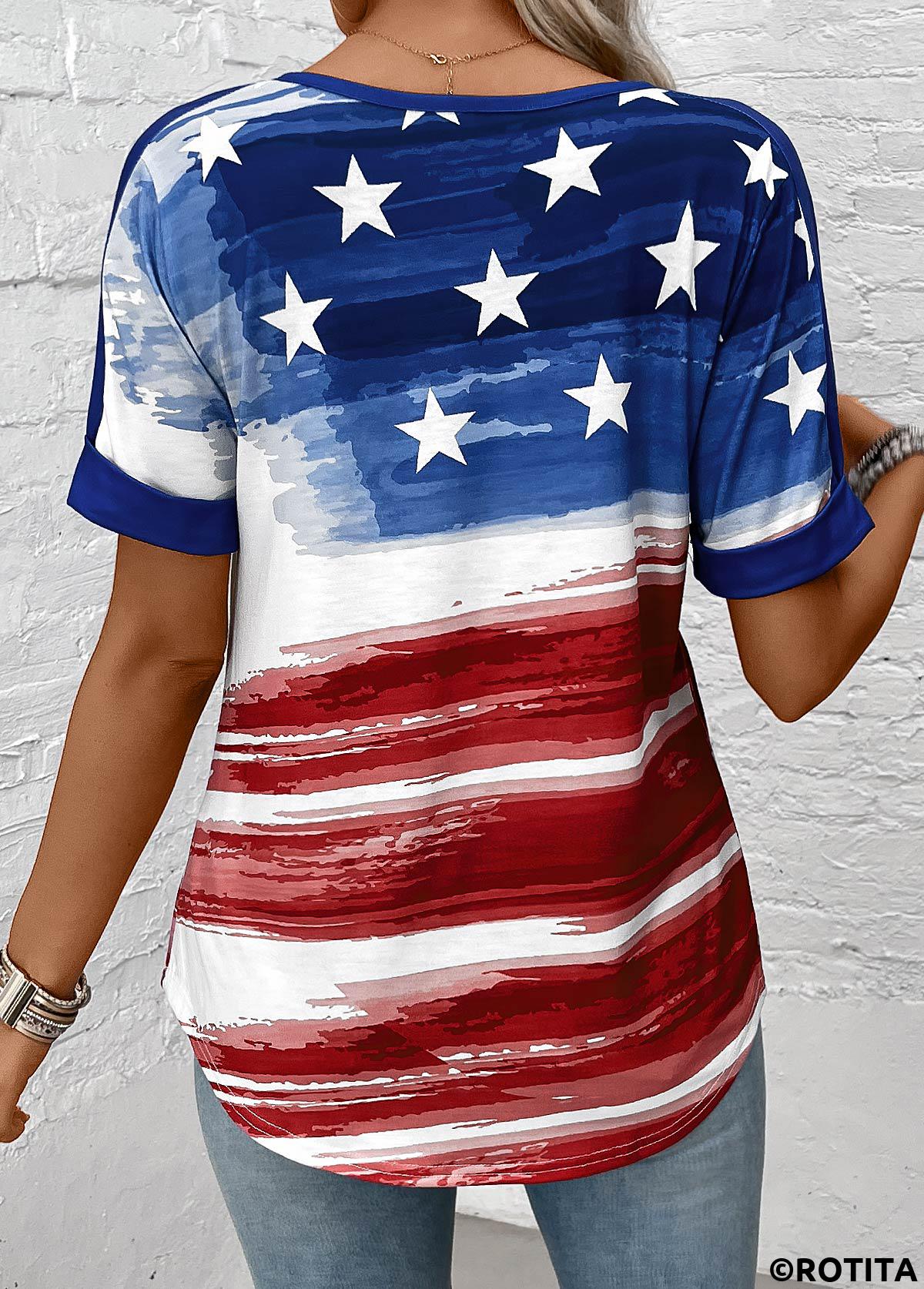 Dark Blue tops,Flag tops,Ombre tops,ROTITA Flag Print Dark Blue Split Neck Blouse