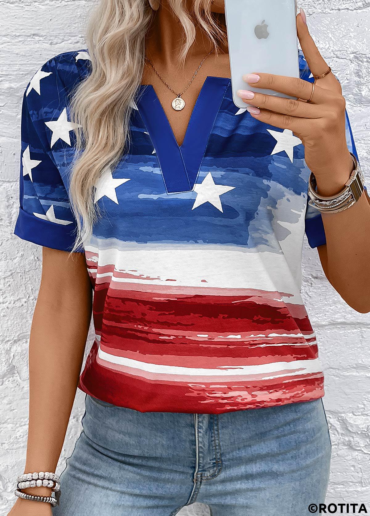 Dark Blue tops,Flag tops,Ombre tops,ROTITA Flag Print Dark Blue Split Neck Blouse
