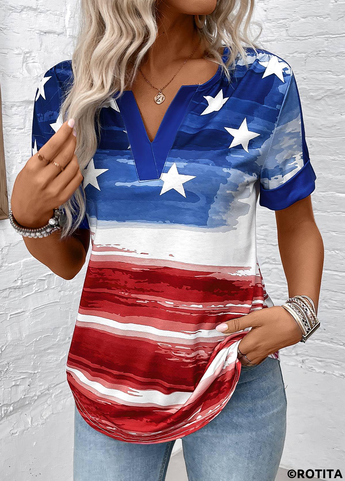 Dark Blue tops,Flag tops,Ombre tops,ROTITA Flag Print Dark Blue Split Neck Blouse