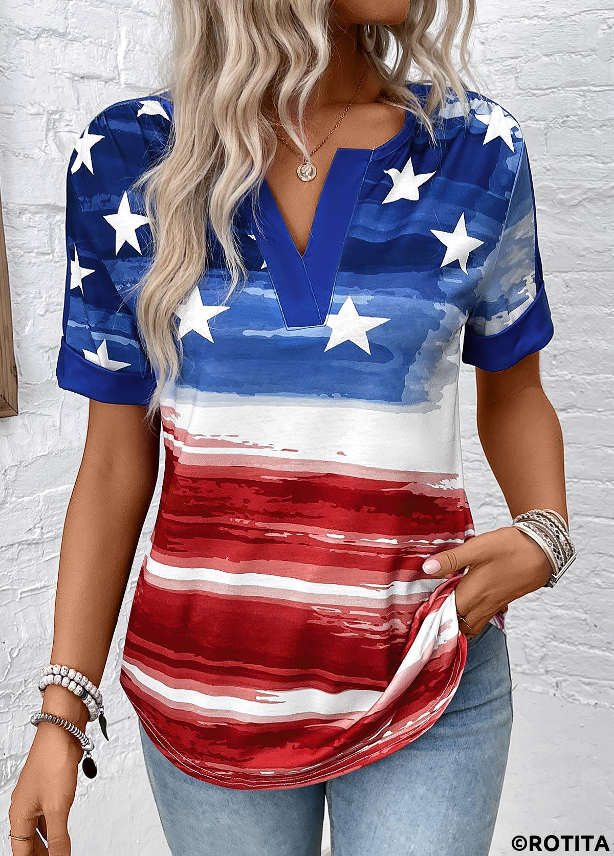 Dark Blue tops,Flag tops,Ombre tops,ROTITA Flag Print Dark Blue Split Neck Blouse