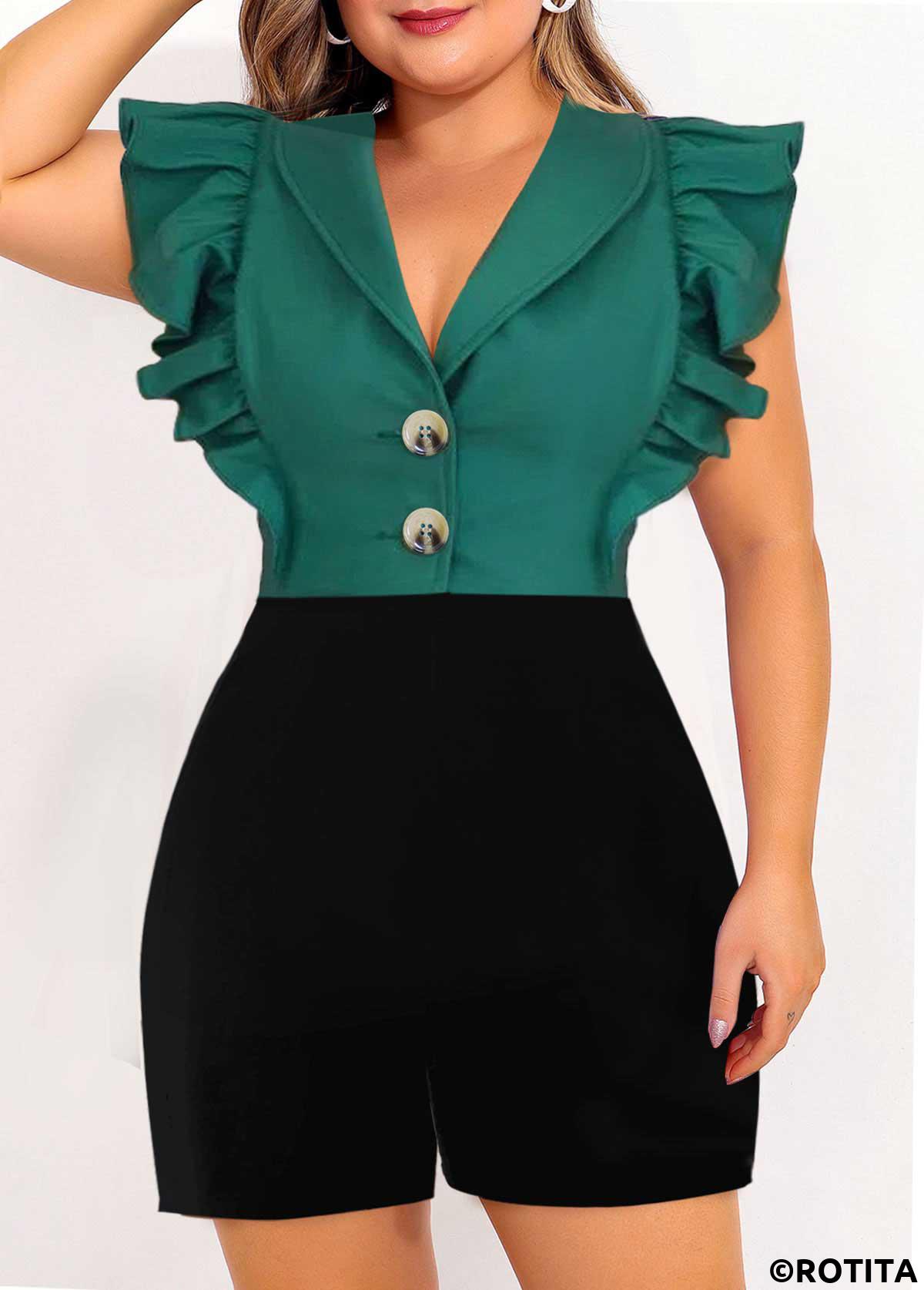 Green plus size,Black plus size,Contrast Color plus size,ROTITA Plus Size Ruffle Green Shawl Collar Sleeveless Romper