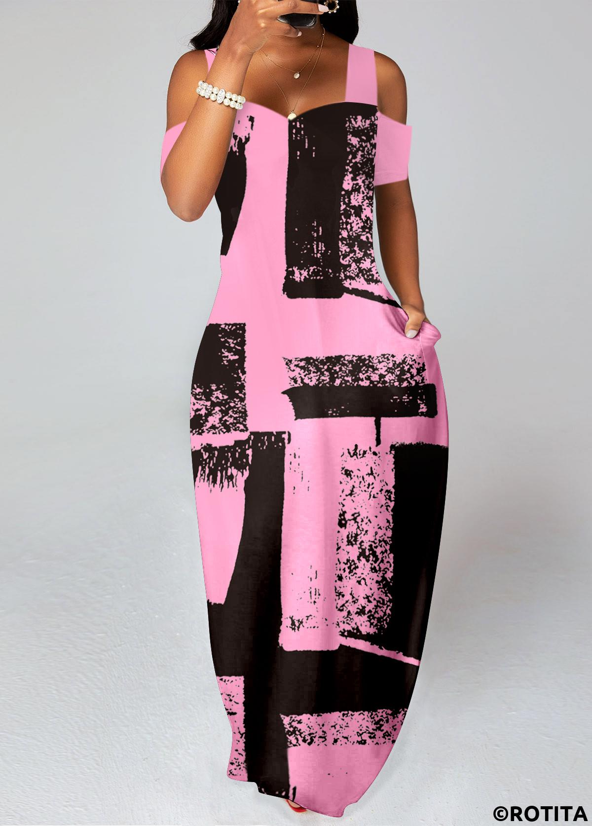 Pink dresses,Graphic dresses,Vacation dresses,Vacation dresses,ROTITA Pocket Graffiti Print Pink O Shape Maxi Dress