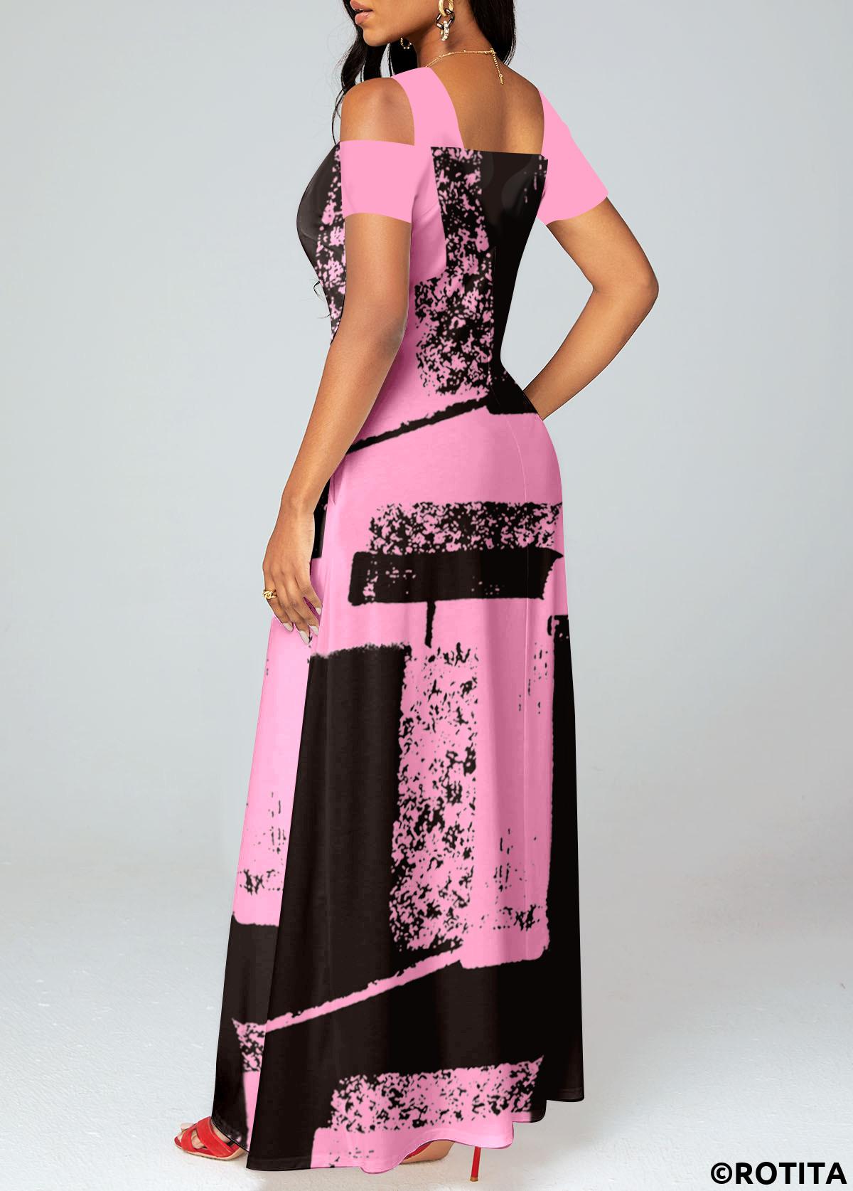 Pink dresses,Graphic dresses,Vacation dresses,Vacation dresses,ROTITA Pocket Graffiti Print Pink O Shape Maxi Dress