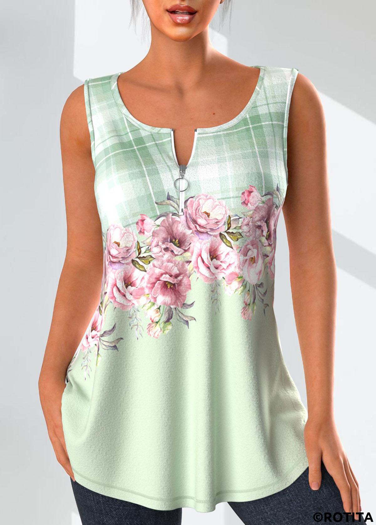 Light Green tops,Floral tops,Plants tops,Plaid tops,ROTITA Zipper Floral Print Light Green Tank Top