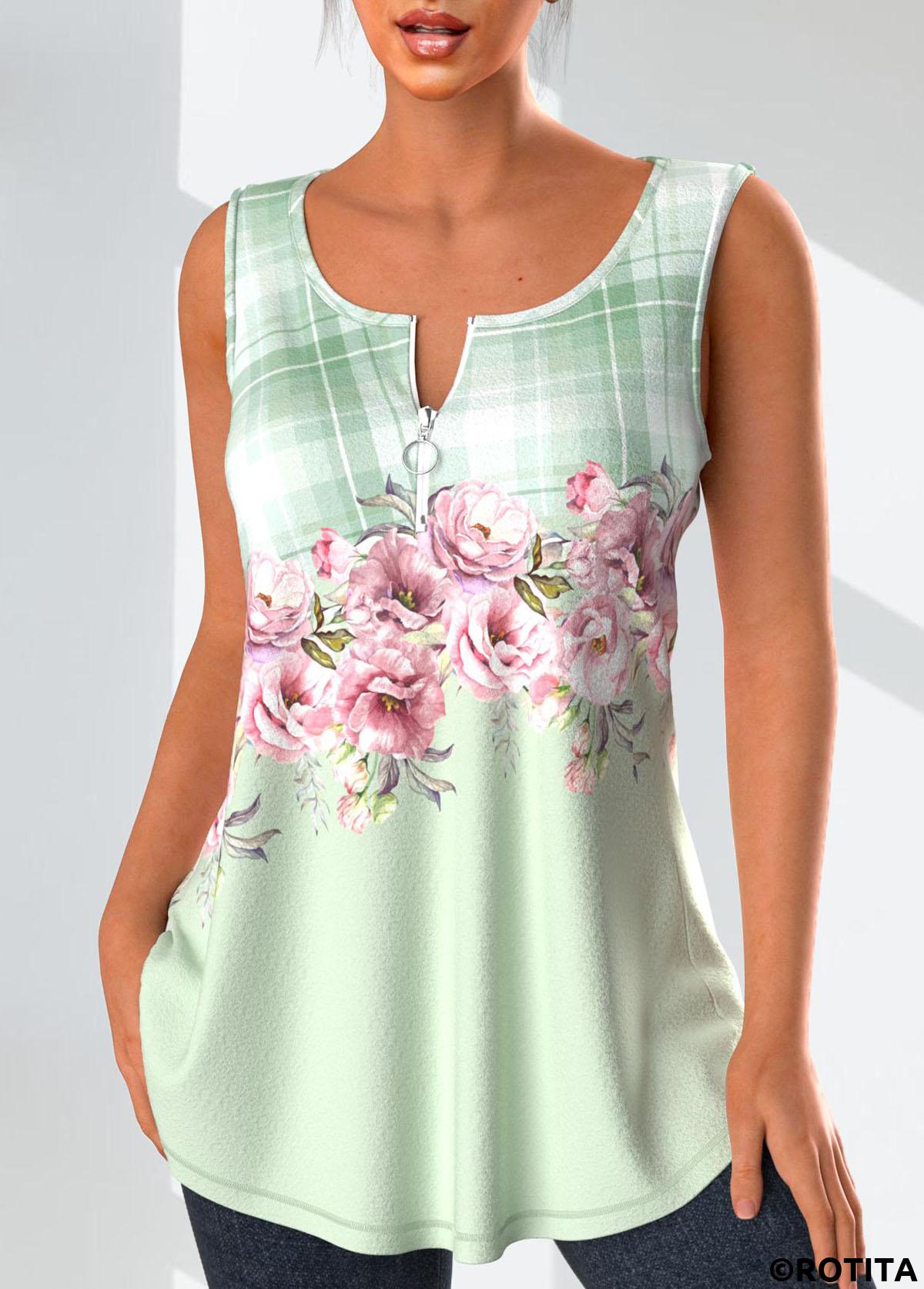 Light Green tops,Floral tops,Plants tops,Plaid tops,ROTITA Zipper Floral Print Light Green Tank Top