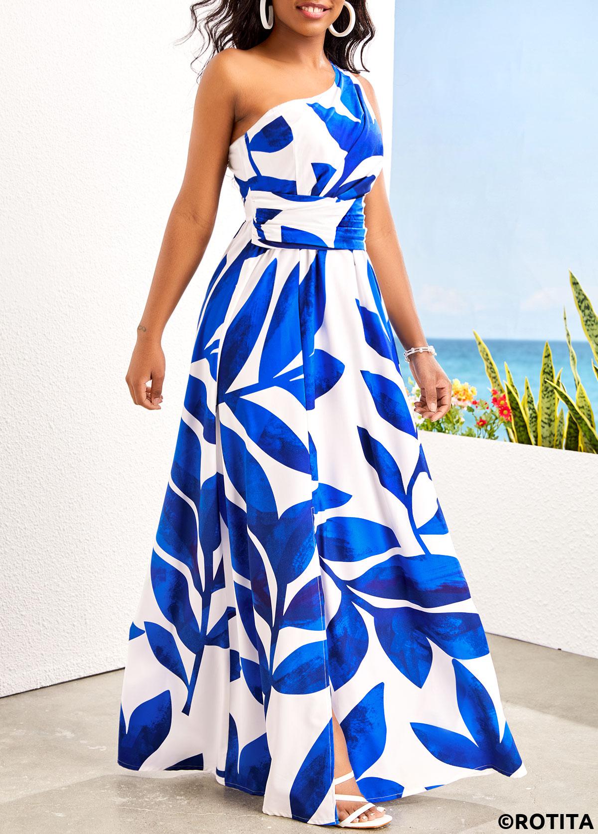 Blue dresses,Plants dresses,Party dresses,Elegant dresses,ROTITA Asymmetry Leaf Print Blue One Shoulder Maxi Dress