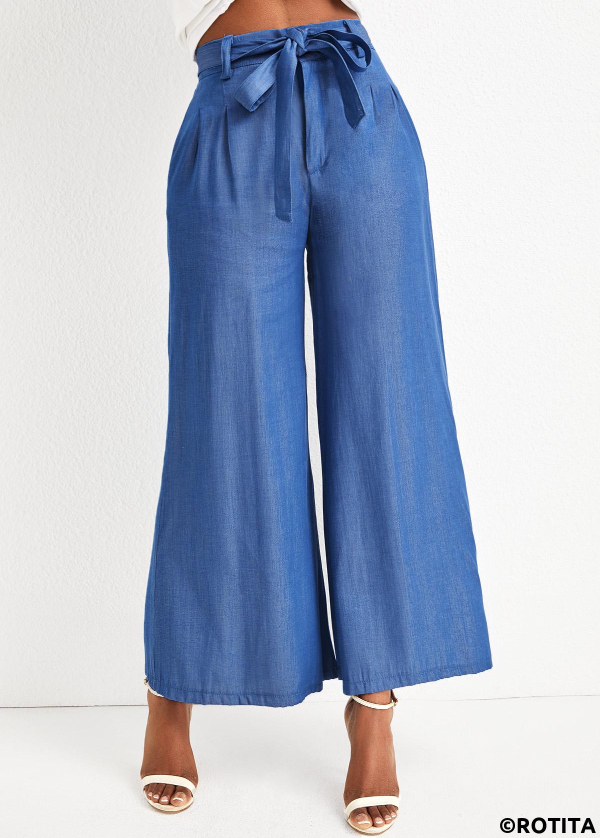 Denim Blue bottoms,Plain Color bottoms,Bowknot Denim Blue Zipper Fly High Waisted Jeans