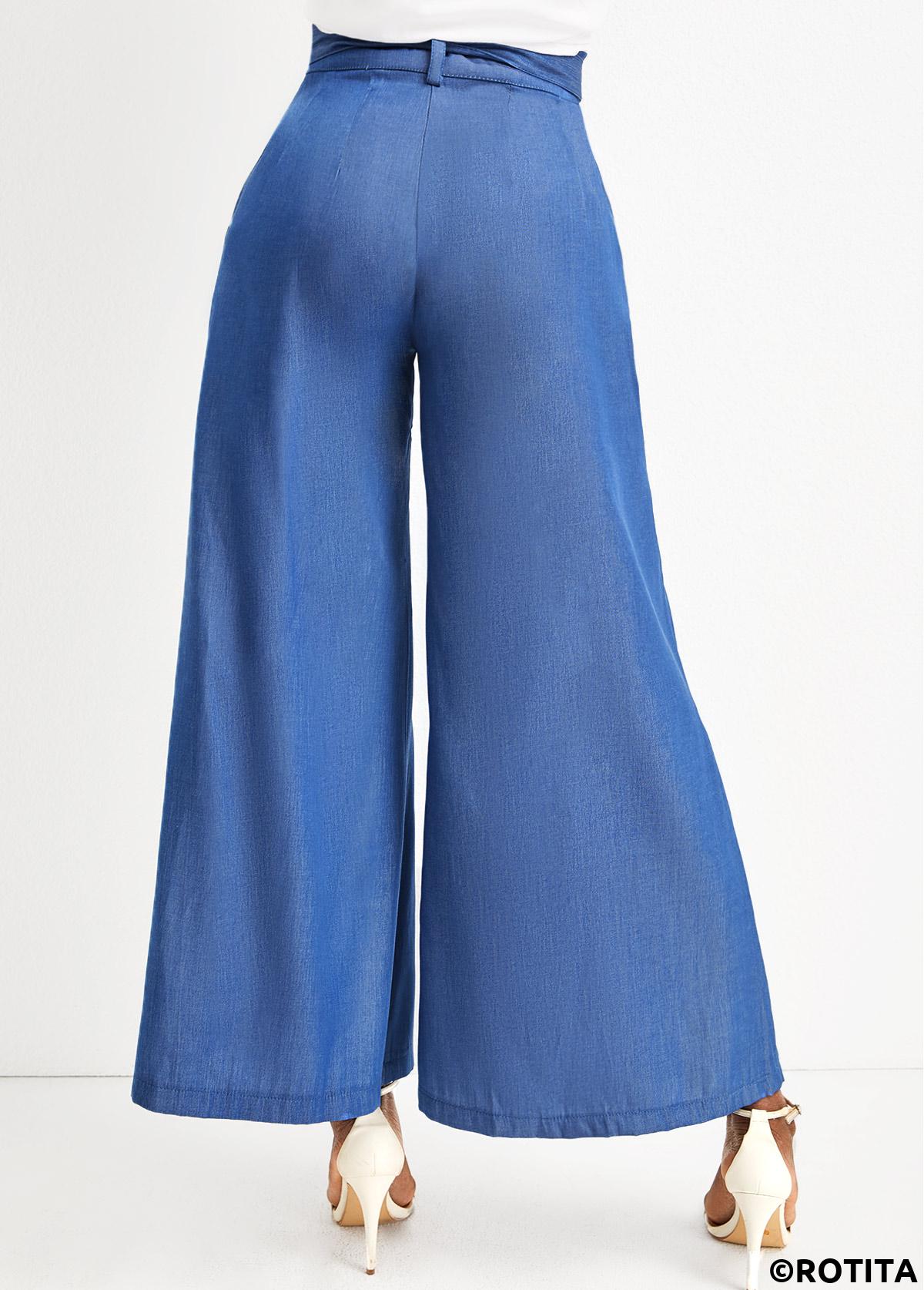 Denim Blue bottoms,Plain Color bottoms,Bowknot Denim Blue Zipper Fly High Waisted Jeans