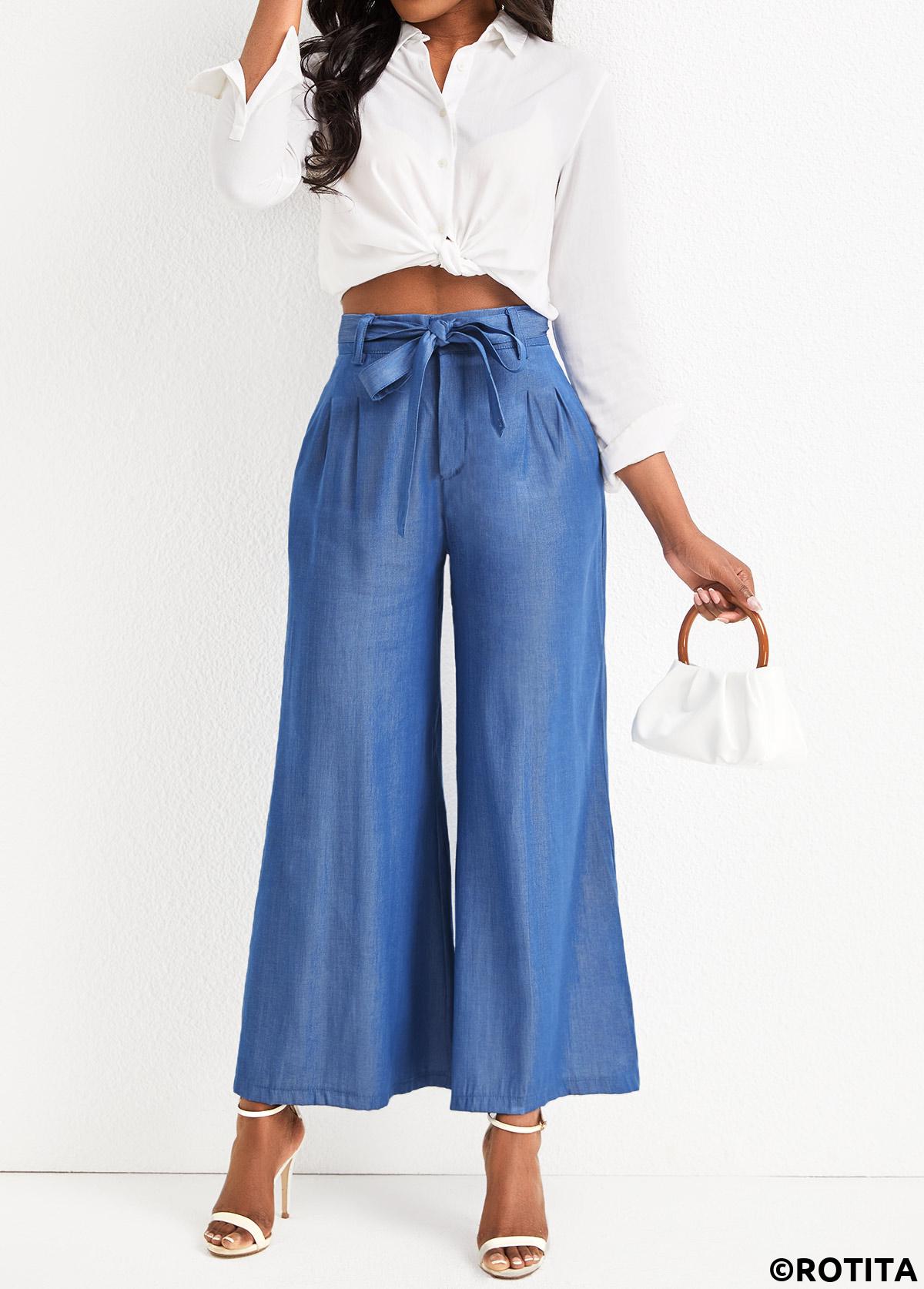 Denim Blue bottoms,Plain Color bottoms,Bowknot Denim Blue Zipper Fly High Waisted Jeans
