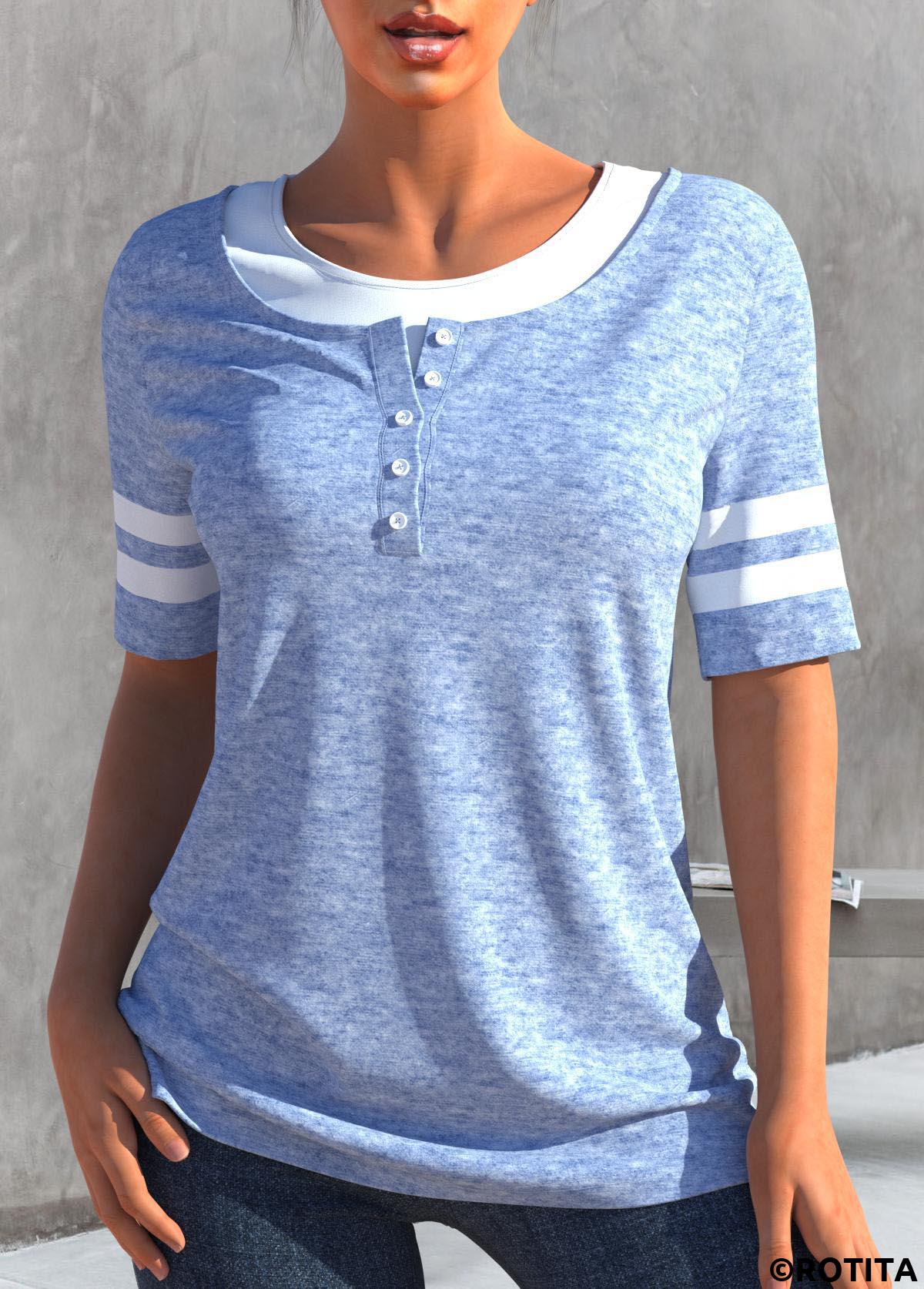 Light Blue tops,Contrast Color tops,ROTITA Button Light Blue Round Neck T Shirt