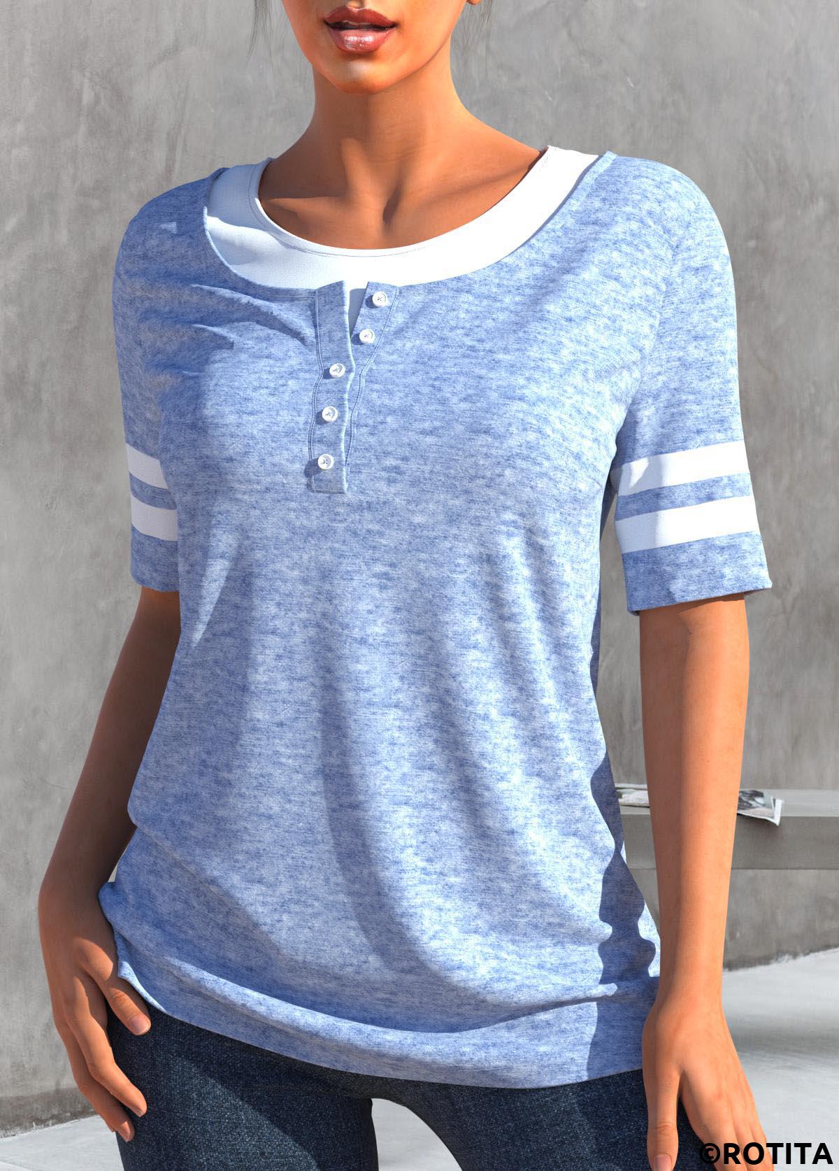 Light Blue tops,Contrast Color tops,ROTITA Button Light Blue Round Neck T Shirt