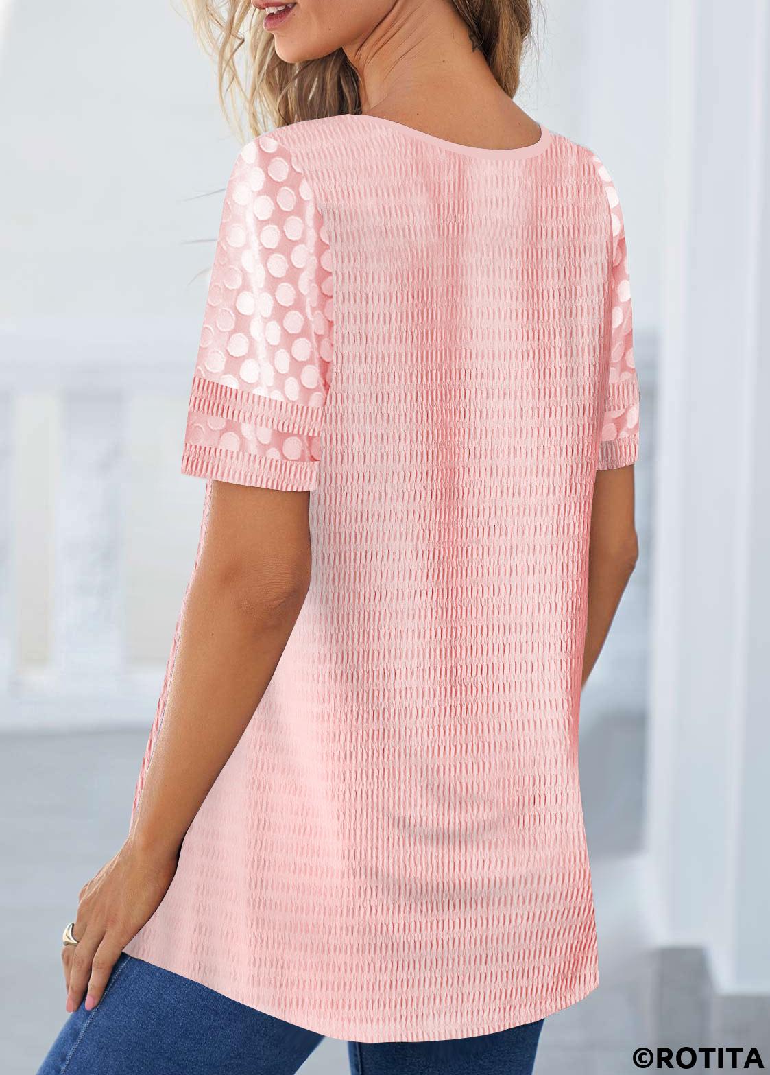 Pink tops,Plain Color tops,ROTITA Patchwork Pink Round Neck Short Sleeve T Shirt