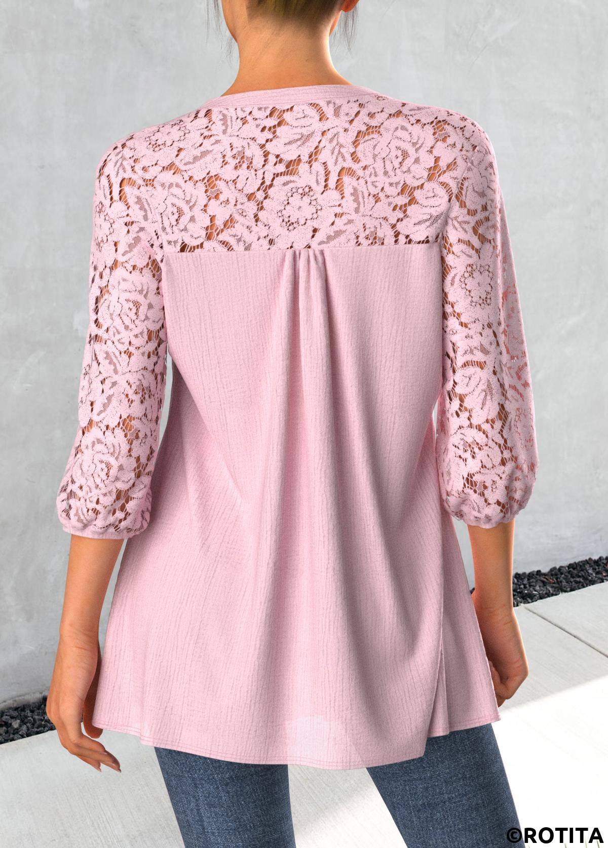 Light Pink tops,Plain Color tops,ROTITA Tuck Stitch Light Pink Split Neck 3/4 Sleeve Blouse