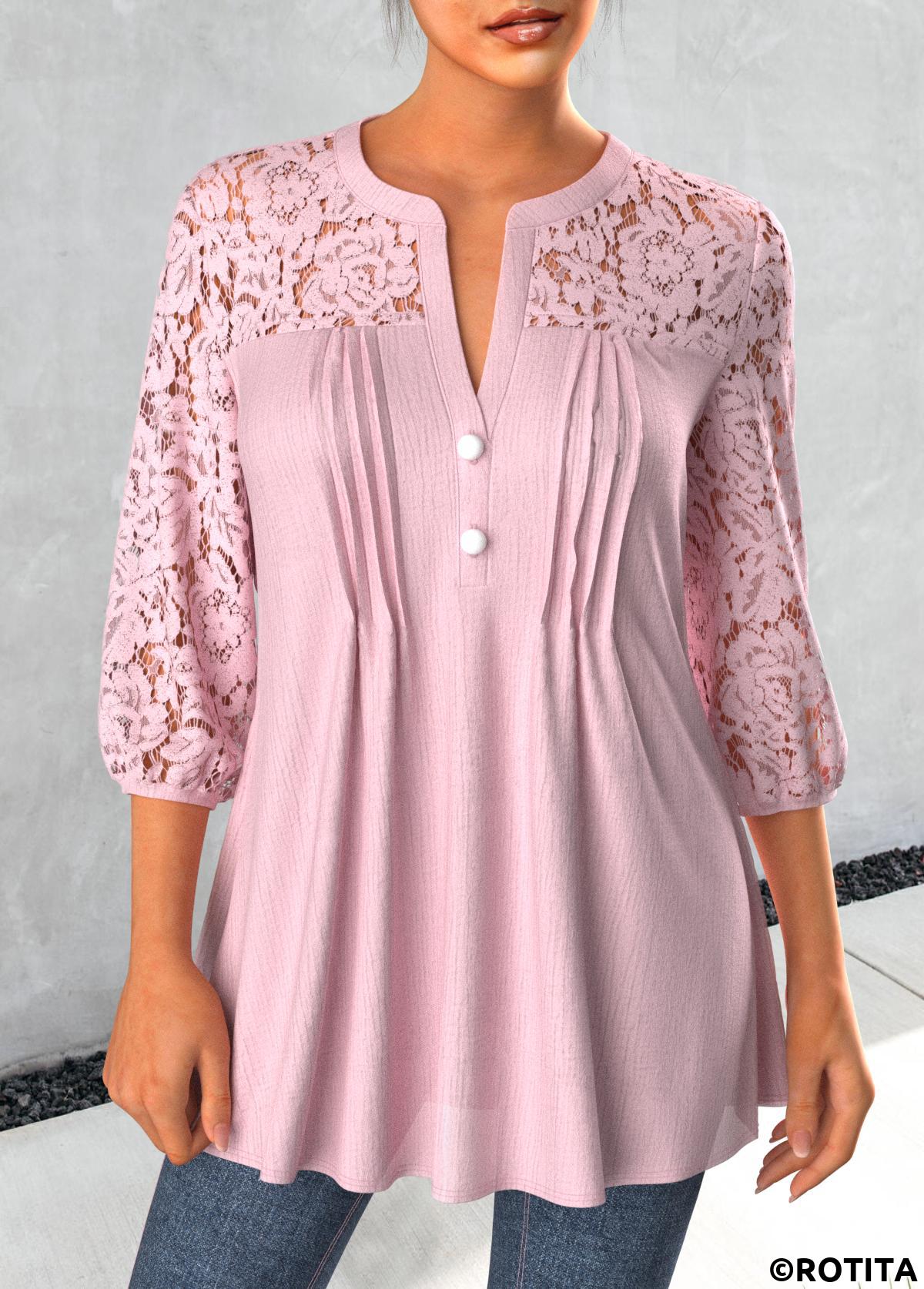Light Pink tops,Plain Color tops,ROTITA Tuck Stitch Light Pink Split Neck 3/4 Sleeve Blouse