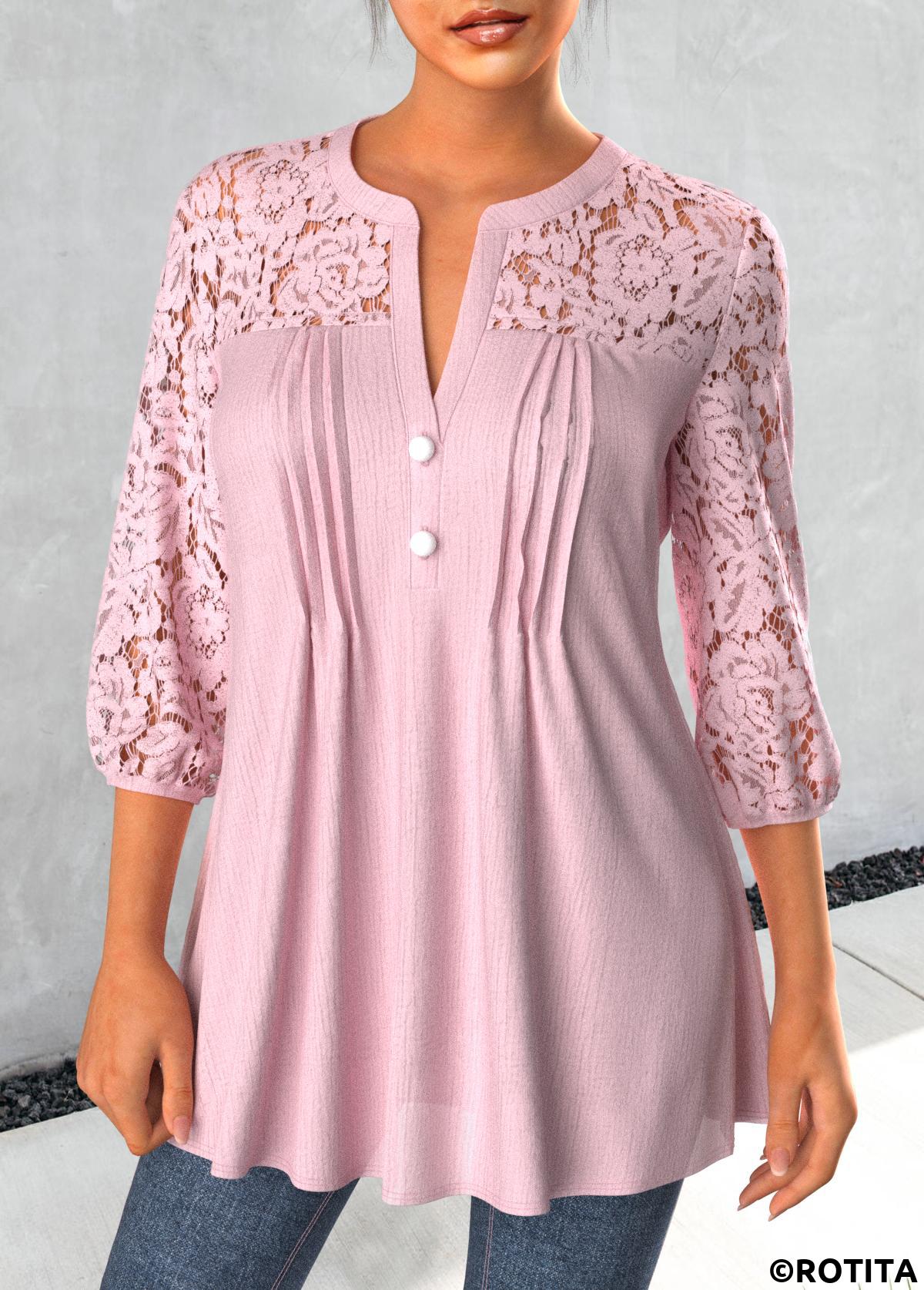 Light Pink tops,Plain Color tops,ROTITA Tuck Stitch Light Pink Split Neck 3/4 Sleeve Blouse