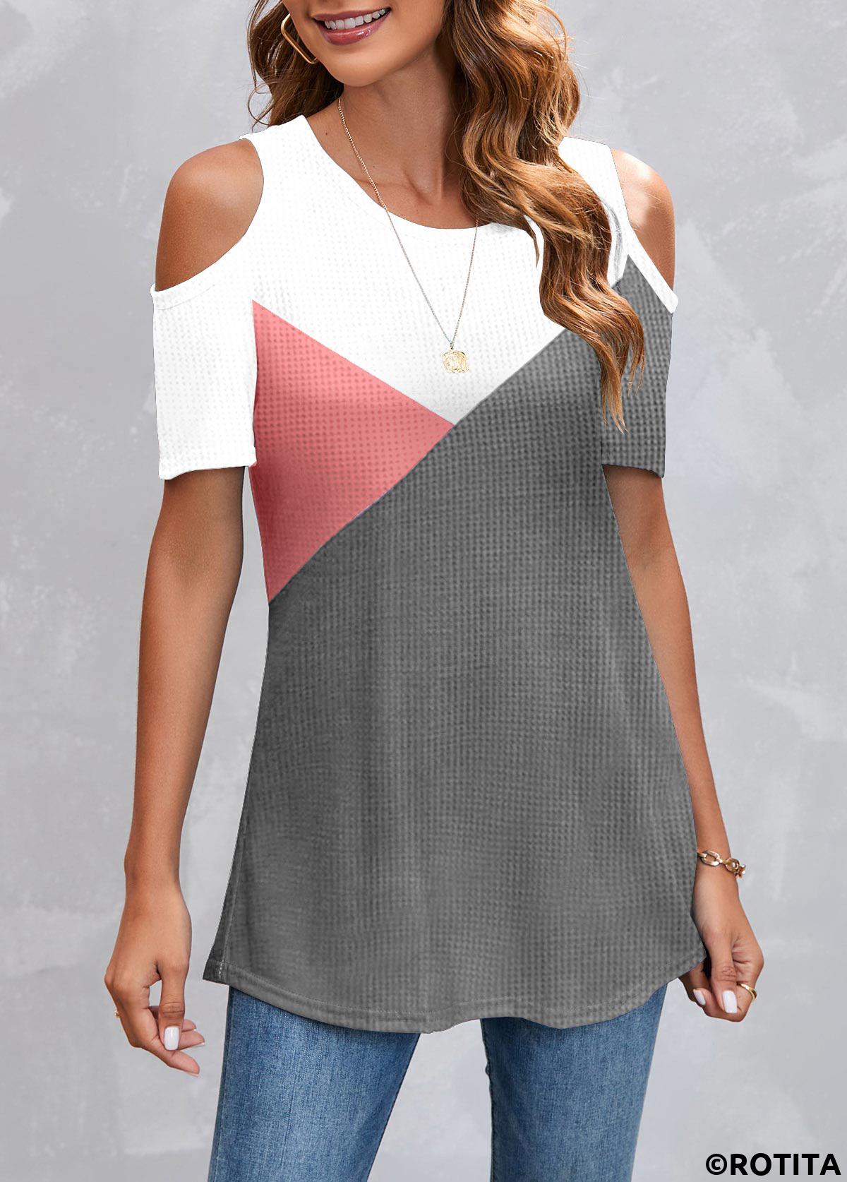 Pink tops,Grey tops,Contrast Color tops,ROTITA Patchwork Pink Round Neck Short Sleeve T Shirt