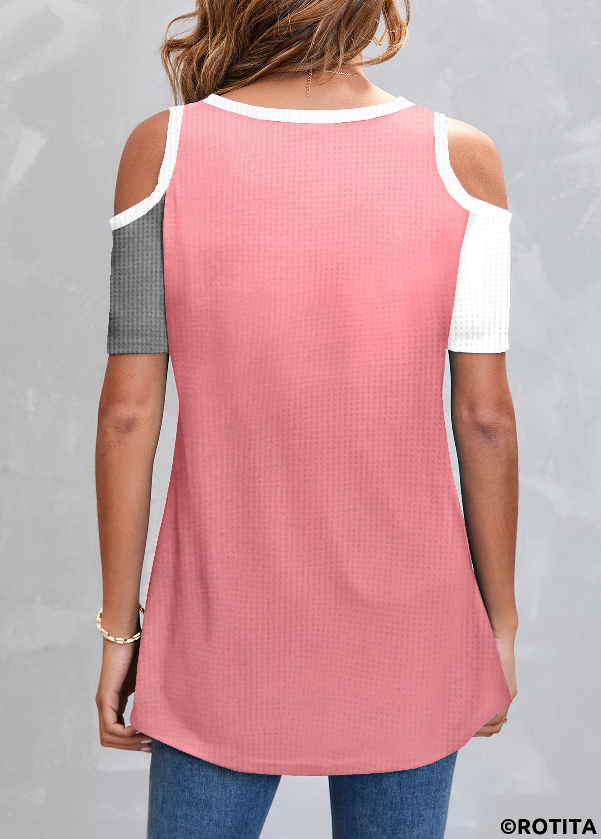 Pink tops,Grey tops,Contrast Color tops,ROTITA Patchwork Pink Round Neck Short Sleeve T Shirt