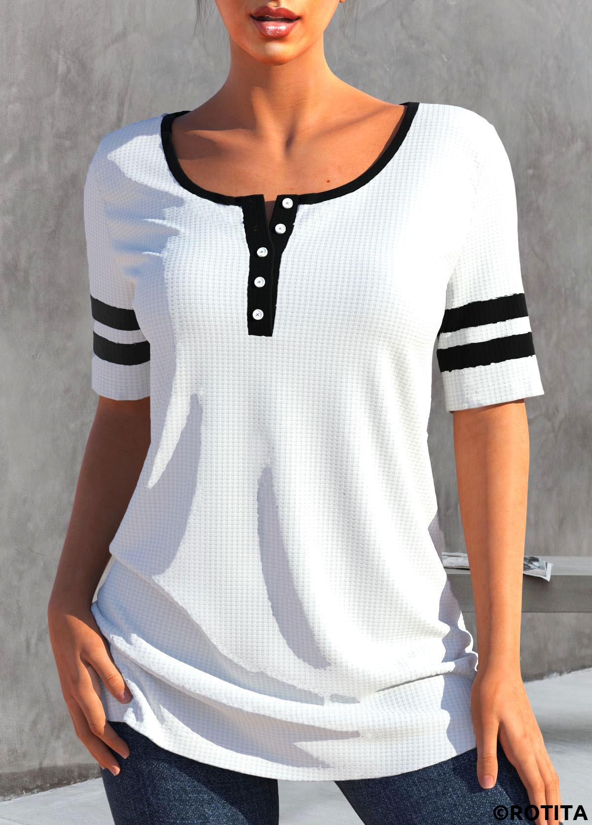 White tops,Contrast Color tops,Striped tops,ROTITA Patchwork White Round Neck Short Sleeve T Shirt
