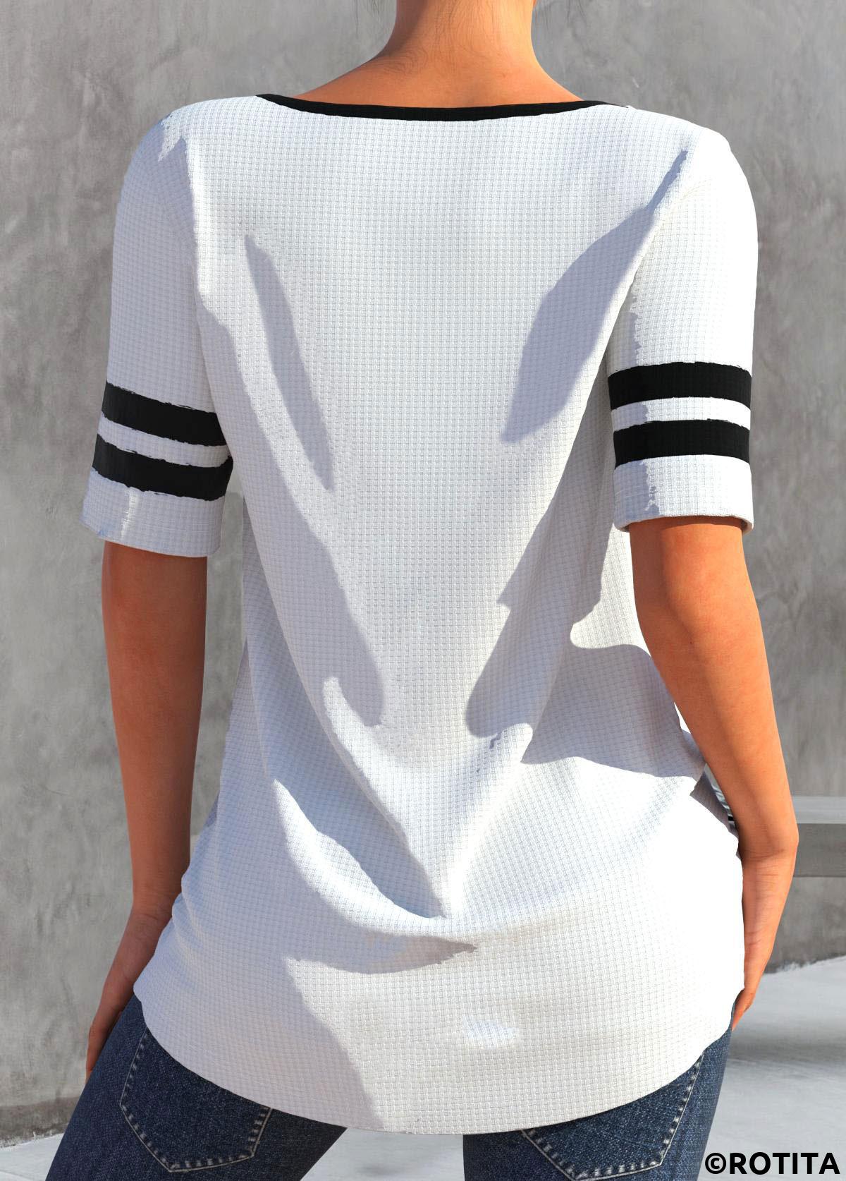 White tops,Contrast Color tops,Striped tops,ROTITA Patchwork White Round Neck Short Sleeve T Shirt