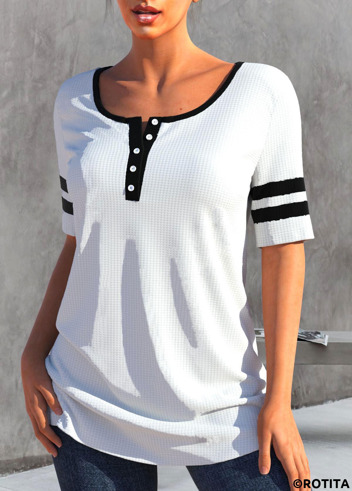 White tops,Contrast Color tops,Striped tops,ROTITA Patchwork White Round Neck Short Sleeve T Shirt