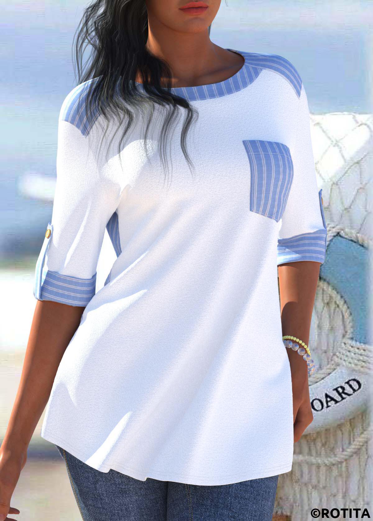 ROTITA Striped Light Blue Round Neck 3/4 Sleeve Blouse