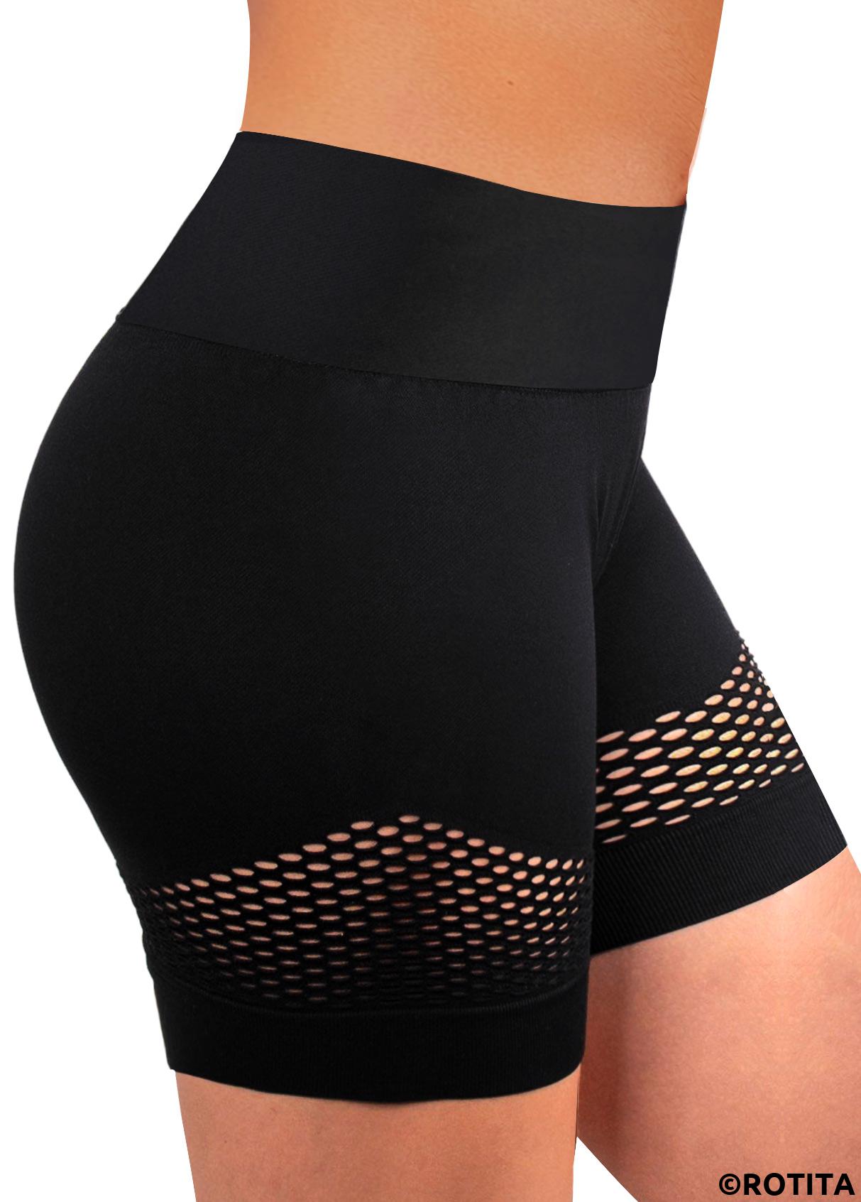 Black swimwear,Plain Color swimwear,ROTITA Black Hollow Out High Waisted Swim Shorts