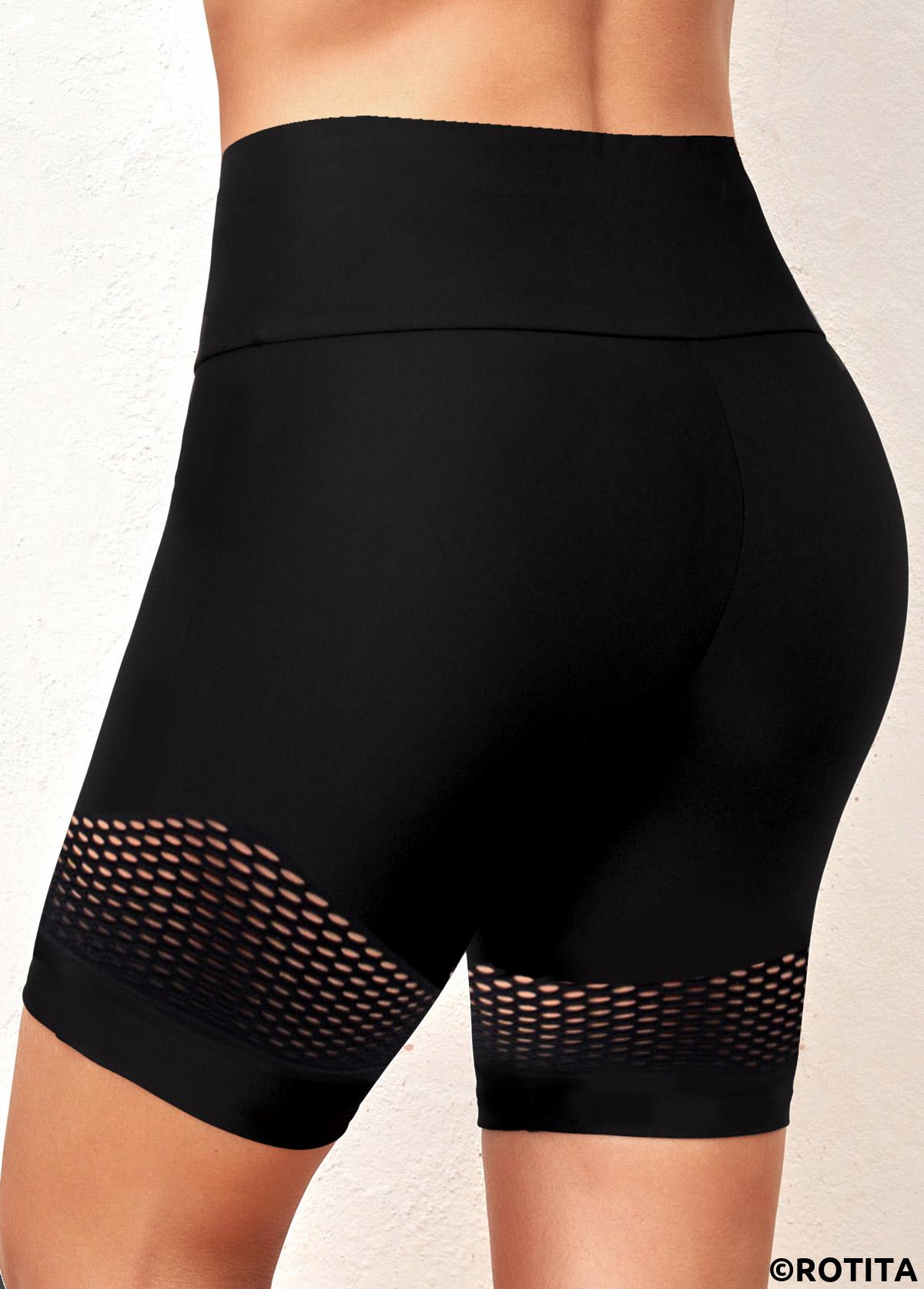 Black swimwear,Plain Color swimwear,ROTITA Black Hollow Out High Waisted Swim Shorts