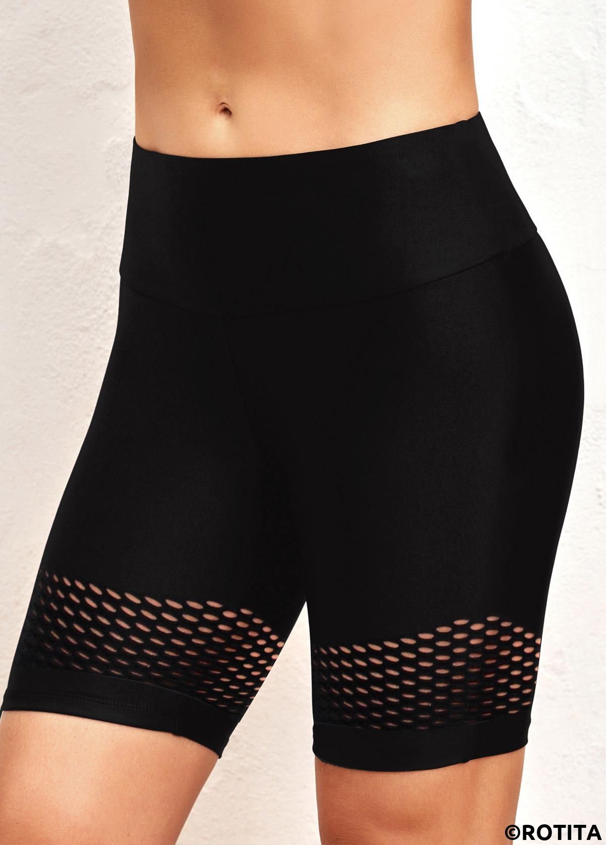 Black swimwear,Plain Color swimwear,ROTITA Black Hollow Out High Waisted Swim Shorts