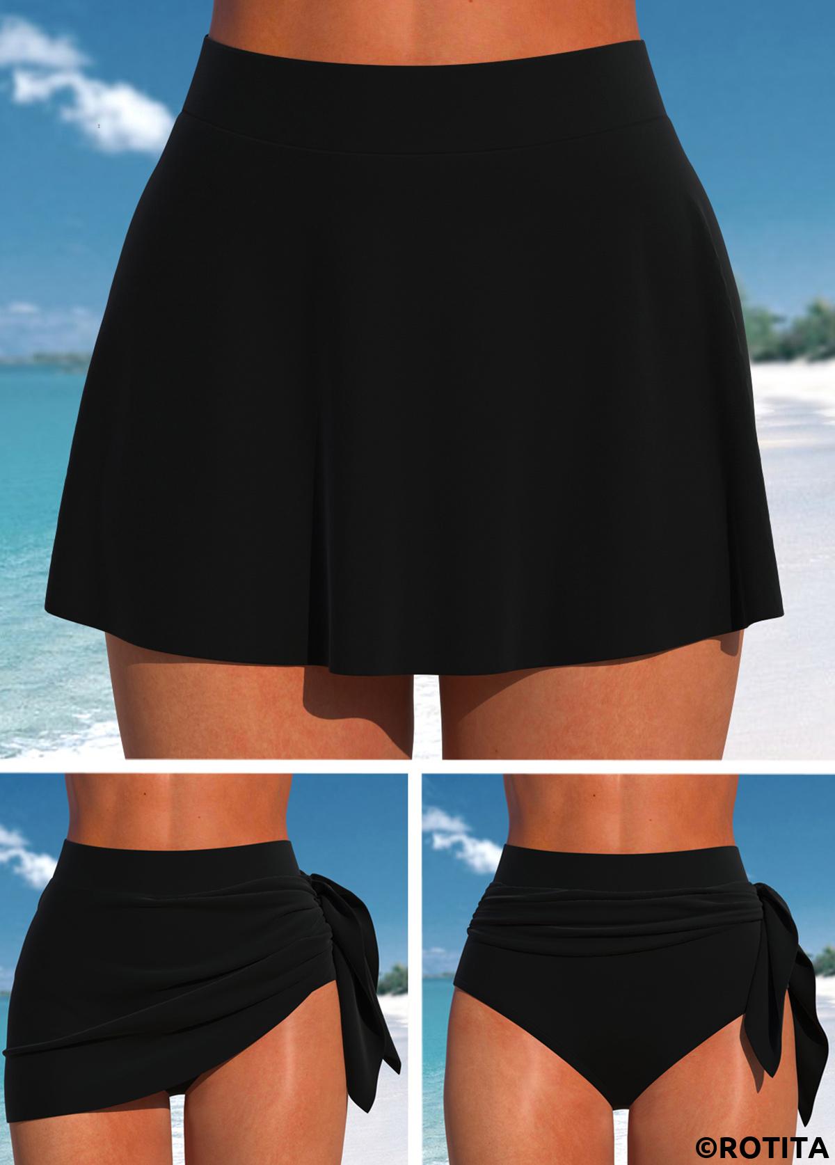 Black swimwear,Plain Color swimwear,ROTITA Black Multi Way Mid Waisted Pantskirt