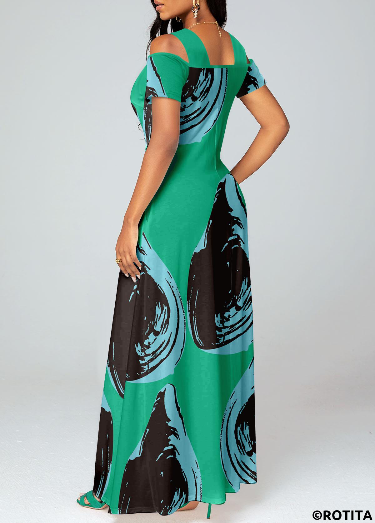 Green dresses,Black dresses,Graphic dresses,Vacation dresses,Vacation dresses,ROTITA Criss Cross Graffiti Print Green Maxi Dress