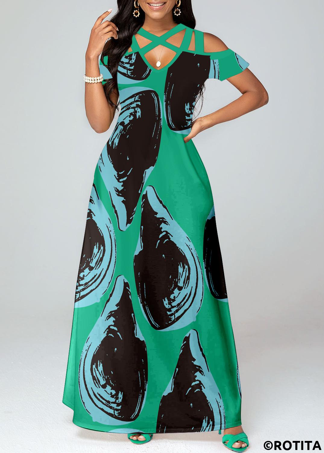 Green dresses,Black dresses,Graphic dresses,Vacation dresses,Vacation dresses,ROTITA Criss Cross Graffiti Print Green Maxi Dress