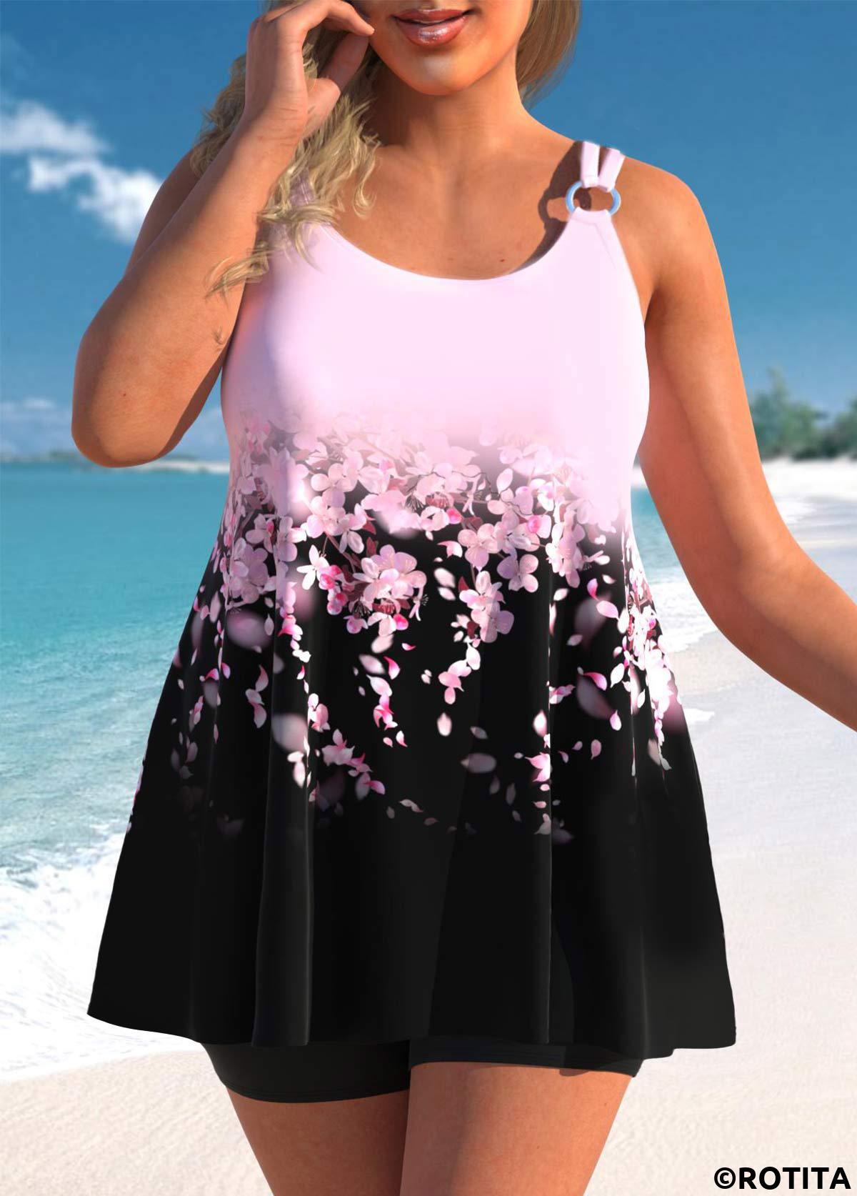 Light Pink plus size,Black plus size,Floral plus size,Plants plus size,Ombre plus size,ROTITA Plus Size Circular Ring Floral Print Tankini Top