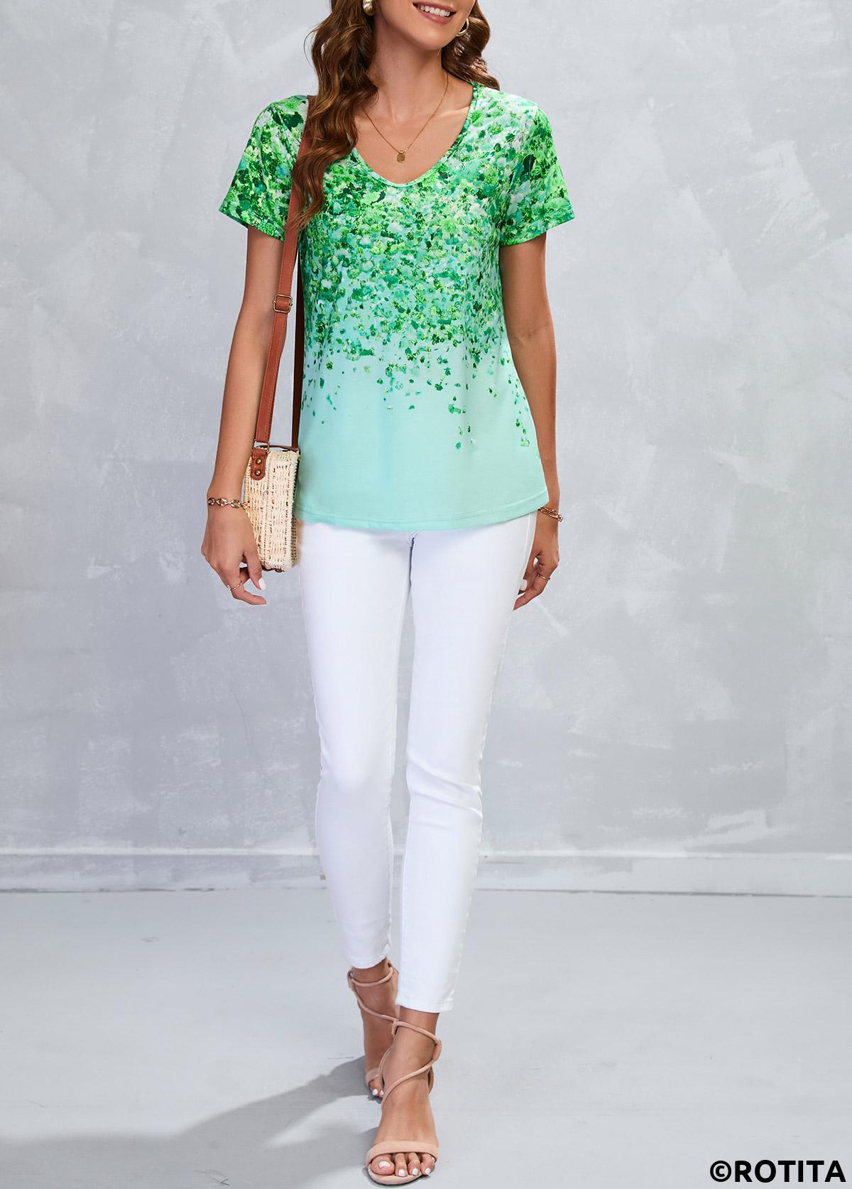 Lightweigh Leaf Print Green V Neck T Shirt